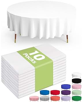 Pureegg Plastic Table Cloth Disposable 10 Pack, 84'' Round Table Cloths, Party, Picnic, Wedding, Decorative Tablecloths, Round, White Plastic Cover, Leakproof & Sturdy, White