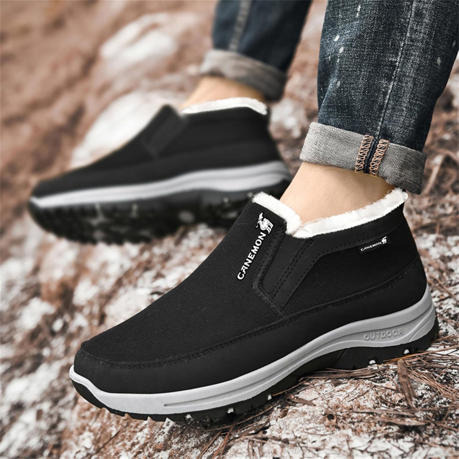 FAIRSOMA Men's CNA Trop Winter Slip-On Warm Ankle Chukka Boots with Arch Support,Outdoor Waterproof Anti-Slip Fur Lined High Top Leather Snow Loafers Comfortable Hiking Walking Shoes