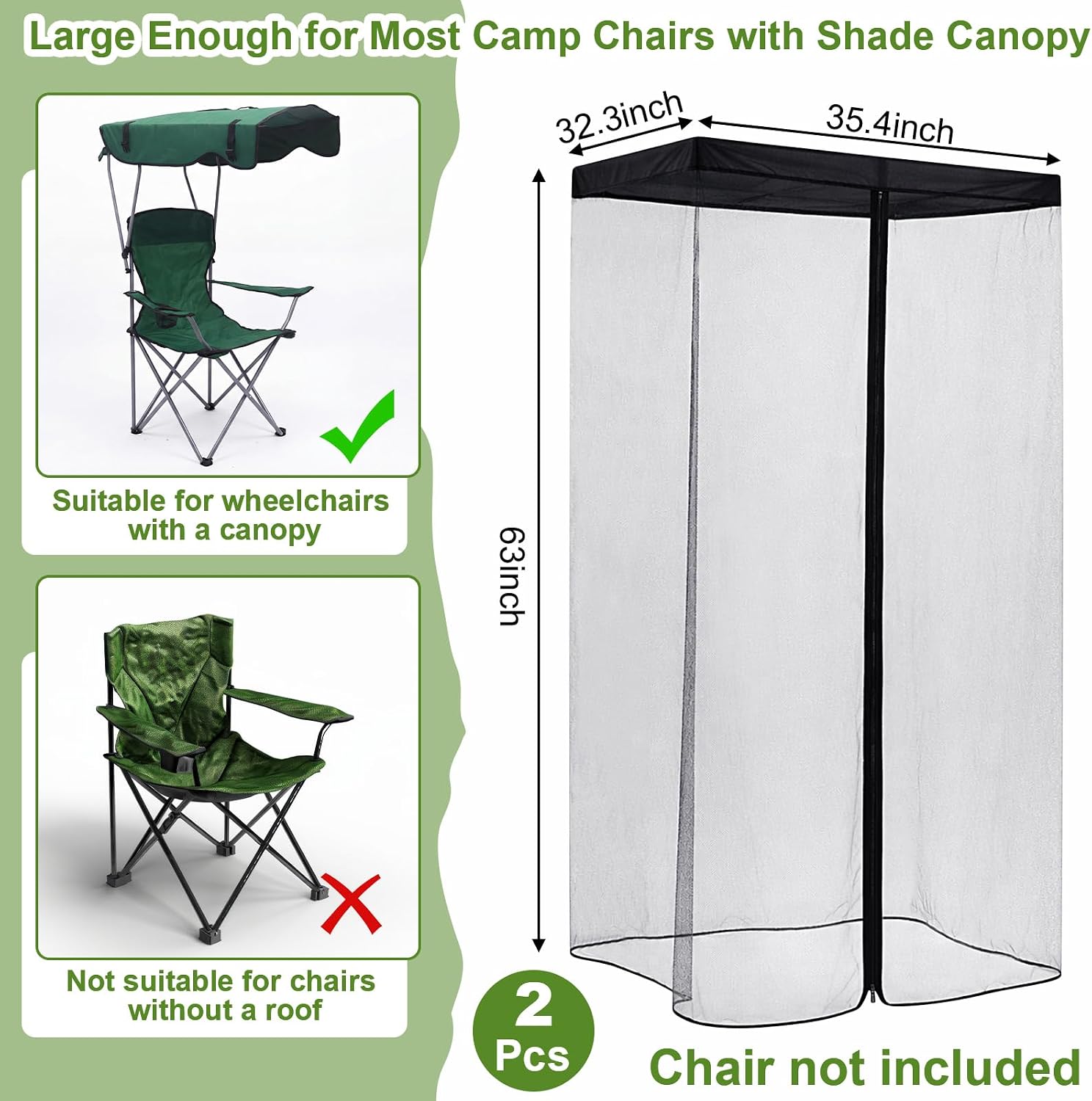 Yahenda 2 Pcs 63" H Mosquito Net Cover for Canopy Chair, Bug Barrier Mesh Tent Netting with 32 x 35 Inch Waterproof Roof and Opening Zipper for Fishing Camping Chairs Outdoors, Excluding Chair
