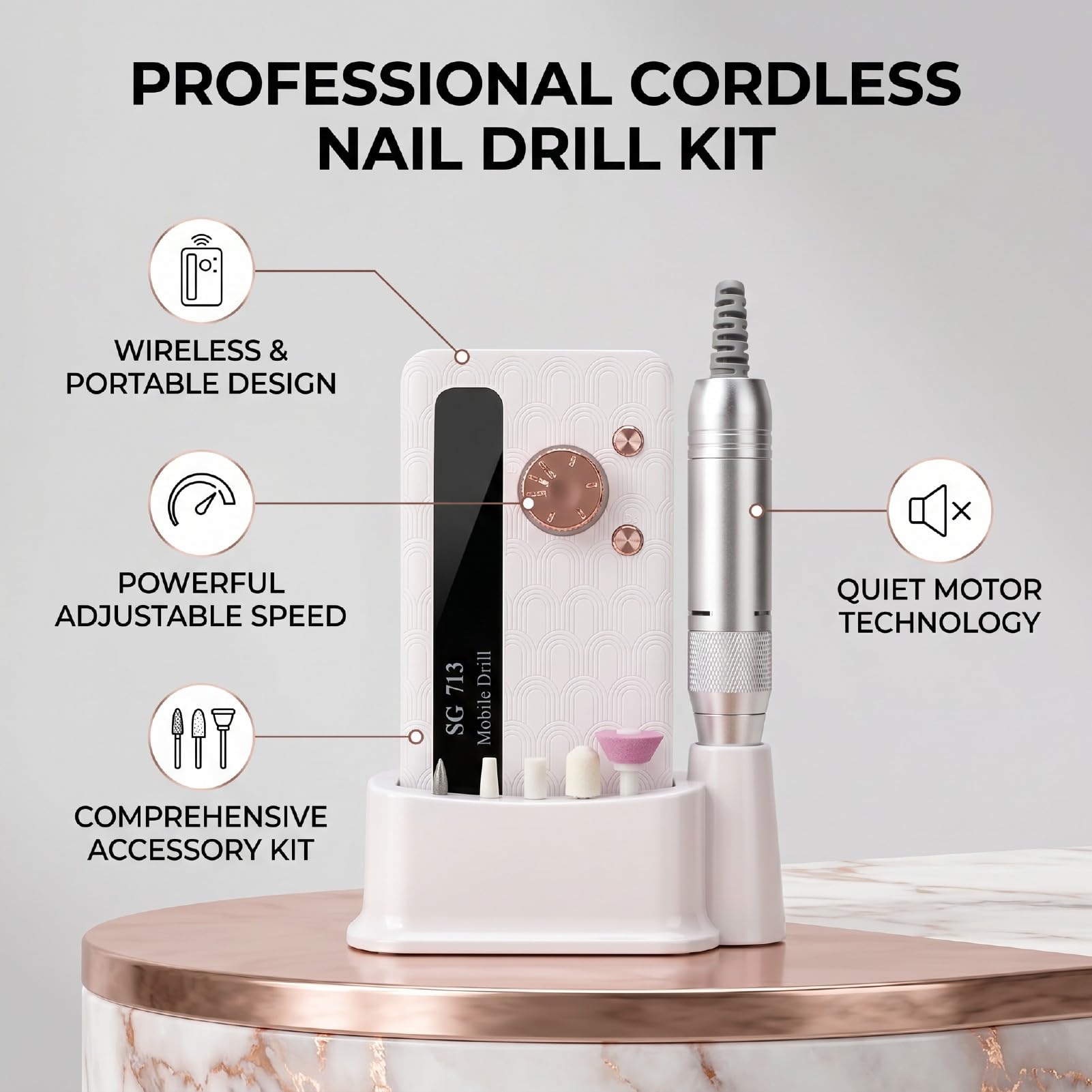 Generic Lima per Unghie Wireless con velocità Regolabile e Kit Completo di Accessori per Uso Domestico e in Viaggio Design Leggero (DMJTZ-SG713-Bianco)