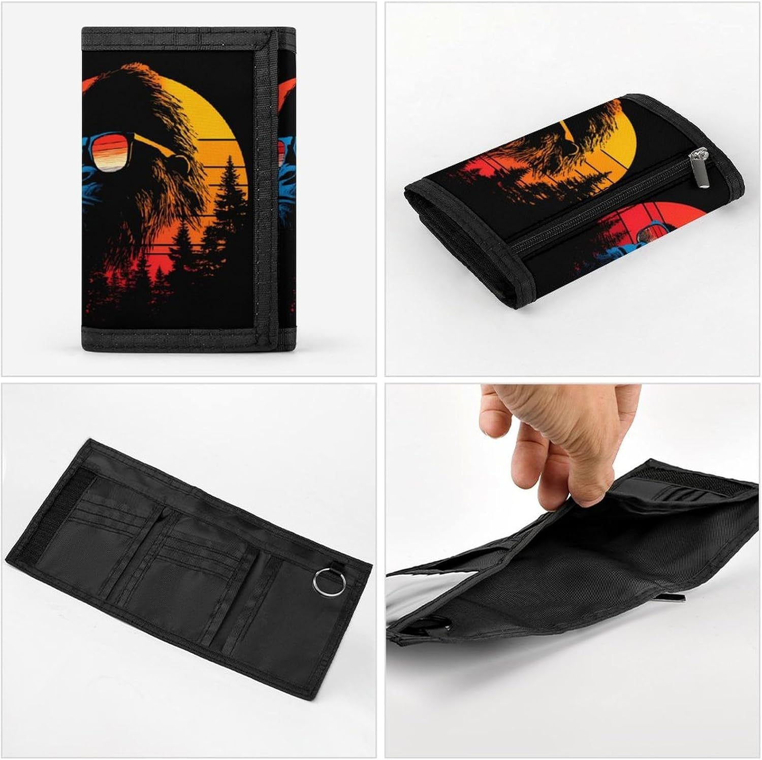 Vintage Sunset Bigfoot with Glasses Trifold Slim Wallet Front Pocket With Money Clip And ID Credit Card Slots For Travel Work