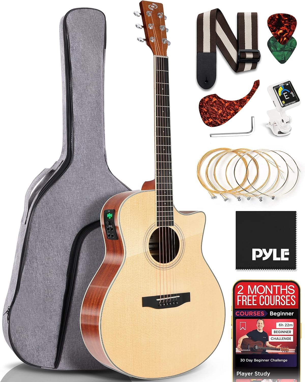 Pyle Electro Acoustic Guitar Full Size Dreadnought Cutaway with EQ and Tuner, Natural Matte Finish Spruce and Mahogany Body Complete Starter Kit