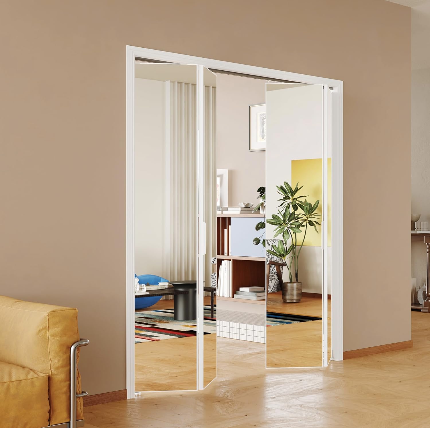 All hardware components for the bifold door laid out on a white surface.
