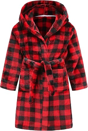 Boys Fleece Robe, Hooded Toddler Soft Fuzzy Bathrobe for Kids 2-16 Years