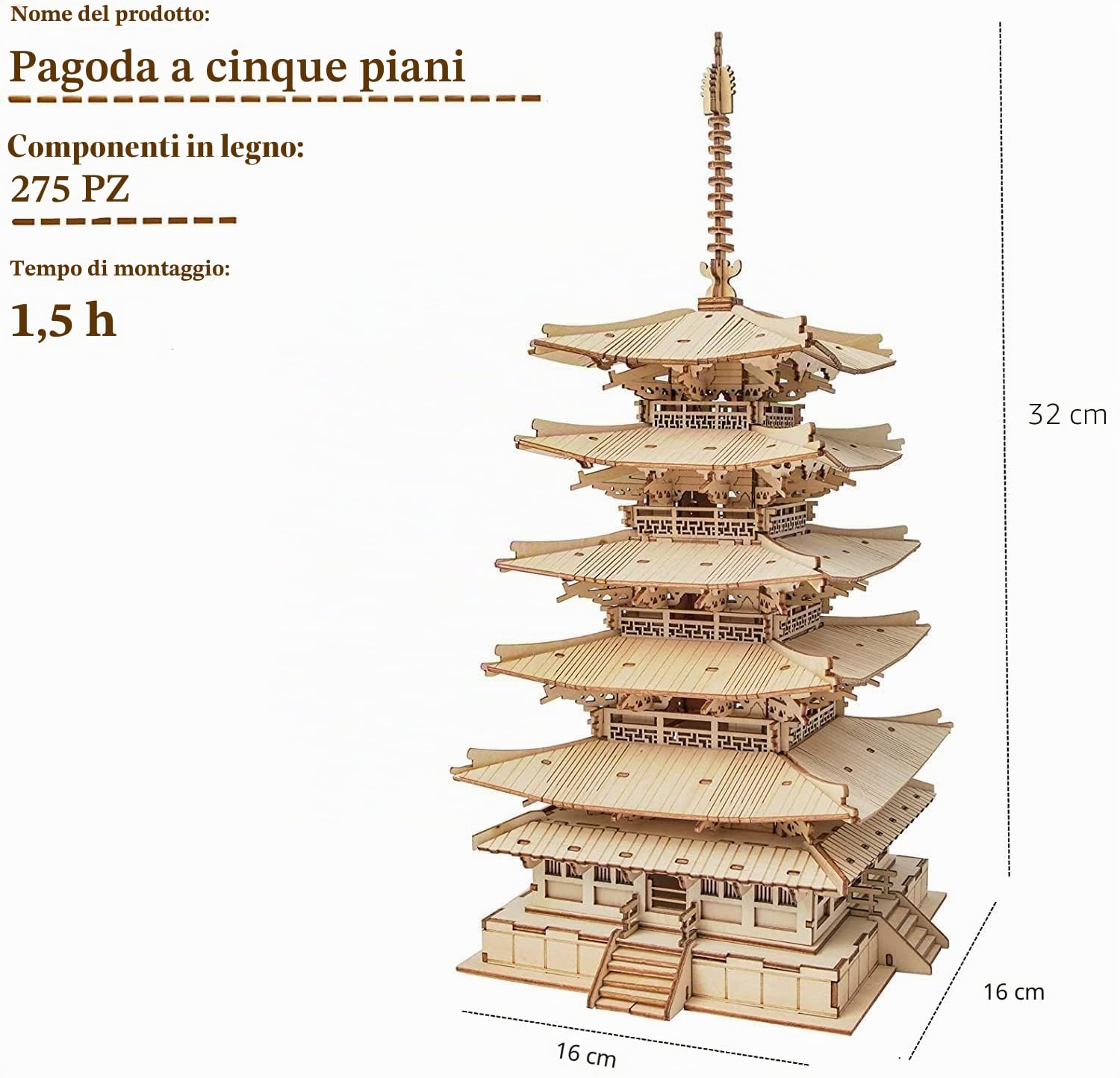 RoWood Puzzle 3D Legno Modellismo da Costruire Adulti, Modellini da Costruire per Adulti (Pagoda a Cinque Piani)