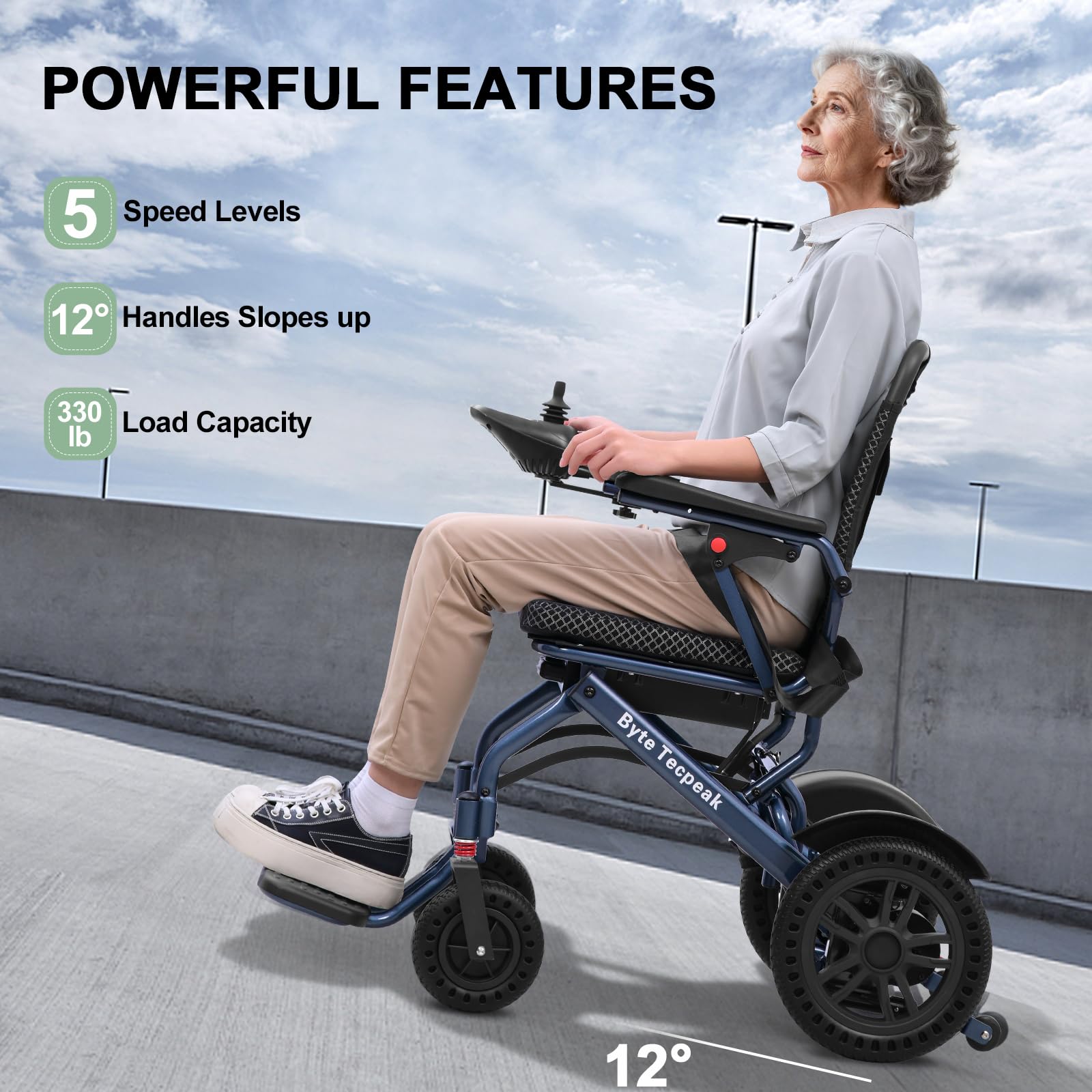 Byte Tecpeak D04 sedia a rotelle elettrica pieghevole leggera, dotata di batteria removibile da 12AH e motore da 500W, autonomia fino a 20km, capacità di carico di 150 kg-Blu