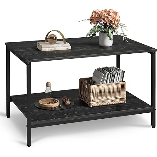 WLIVE Small Coffee Table for Living Room, 31.3" Modern Industrial Coffee Table with Storage Shelf & Metal Frame, 2-Tier Wood Center Table for Small Spaces Apartment, Home, Charcoal Black