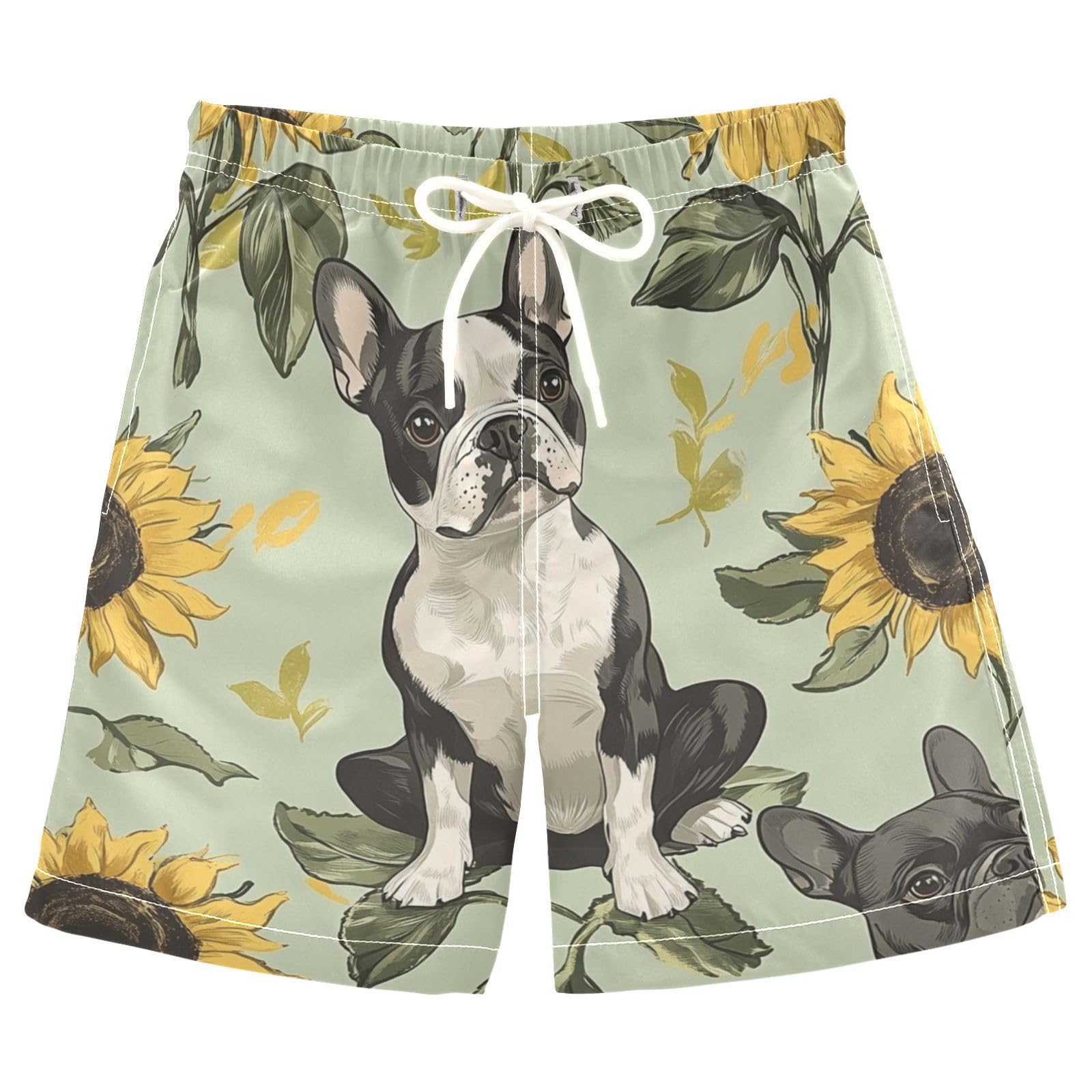 Jucciaco Boys Beach Board Shorts Dog Chihuahua Sunflower Swim Trunk Teen Swimwear