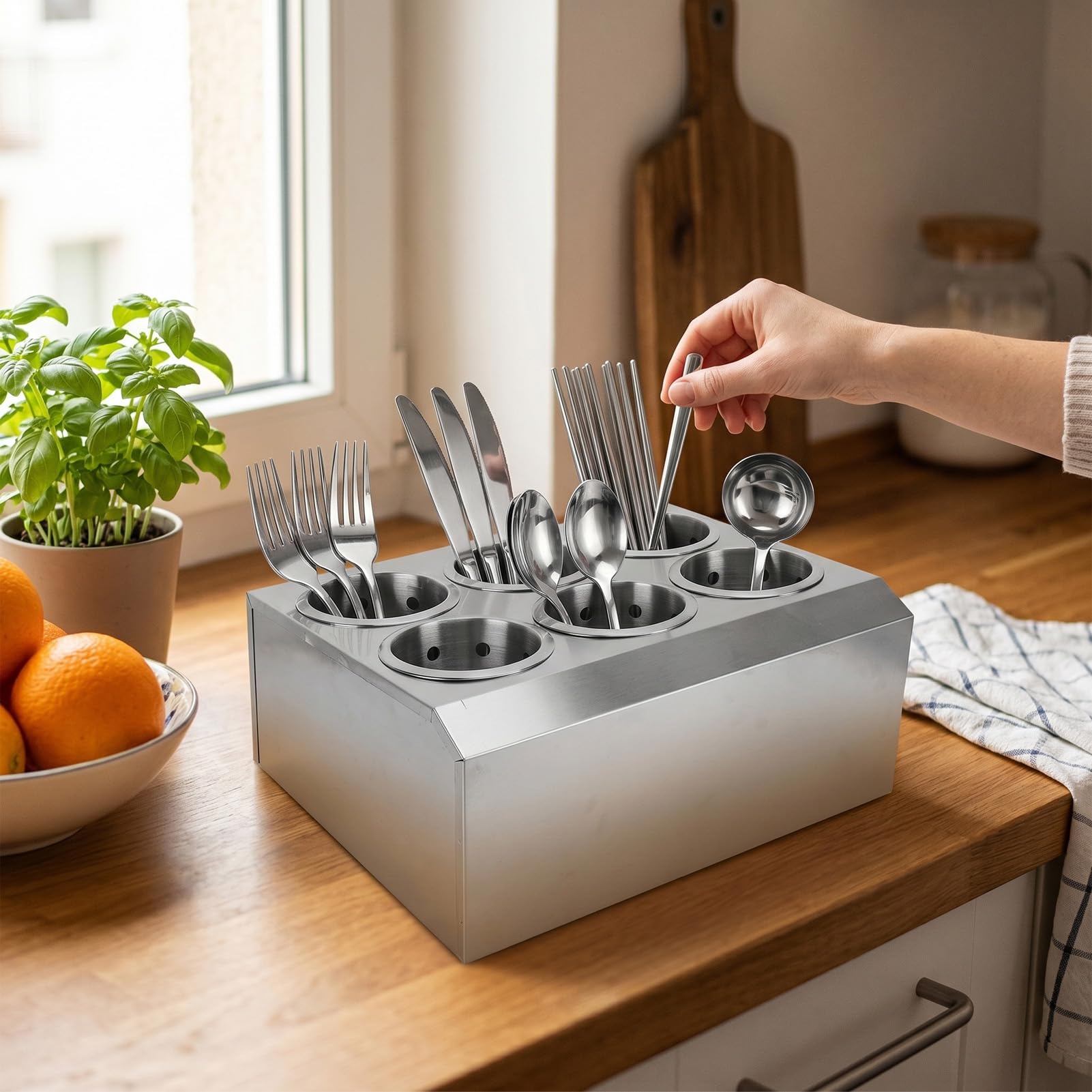 TOPINCN Soporte para Cubiertos de Acero Inoxidable con 6 Compartimentos, Organizador Perforado para Cubiertos, Cesta de Almacenamiento para para Cocina, Encimera, Restaurante,