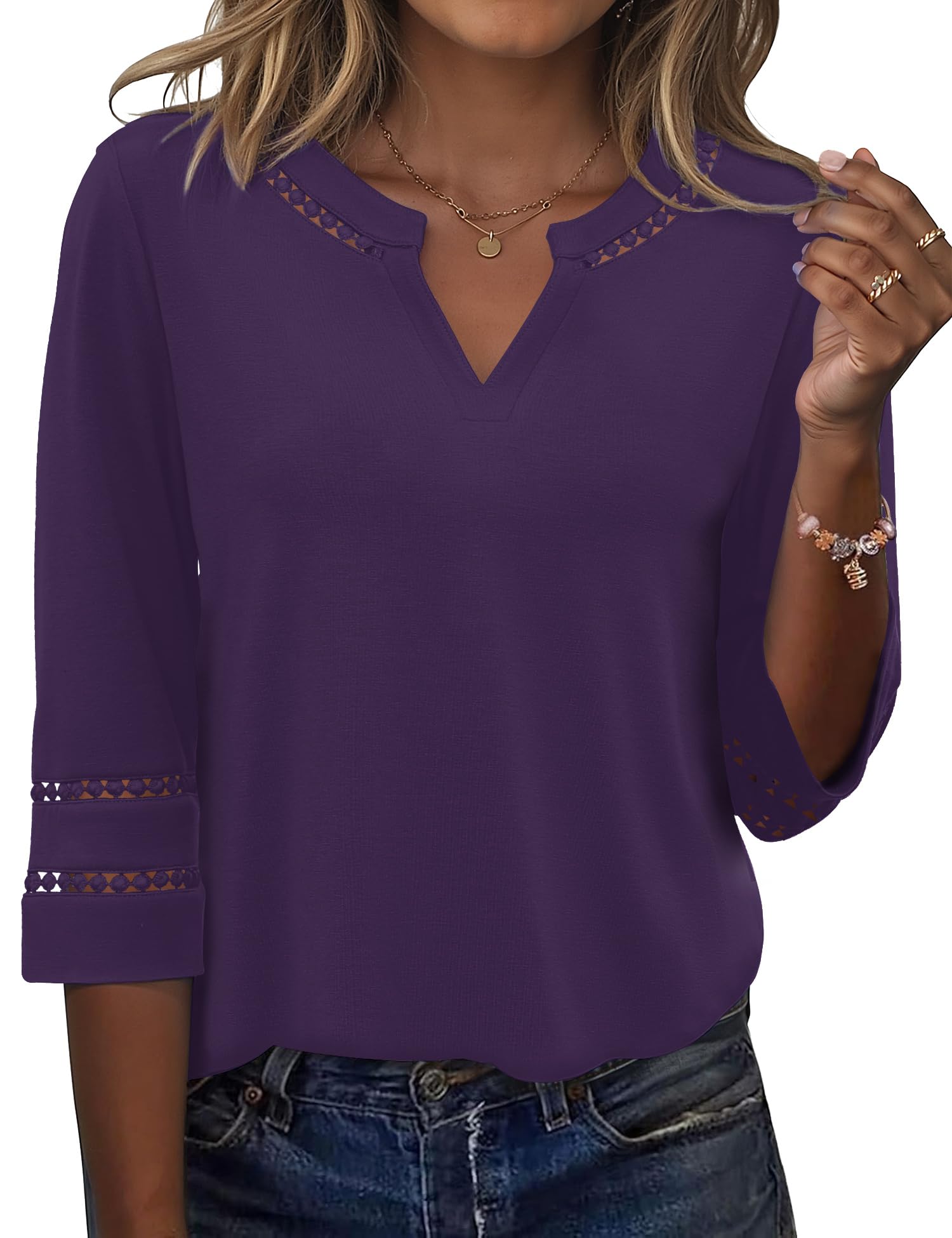 Rapbin Bluse Damen Elegant 3/4 Arm Shirt V-Ausschnitt Sommer Tunika Spitze Bestickt Vintage Oberteil 2026 Mode Tops