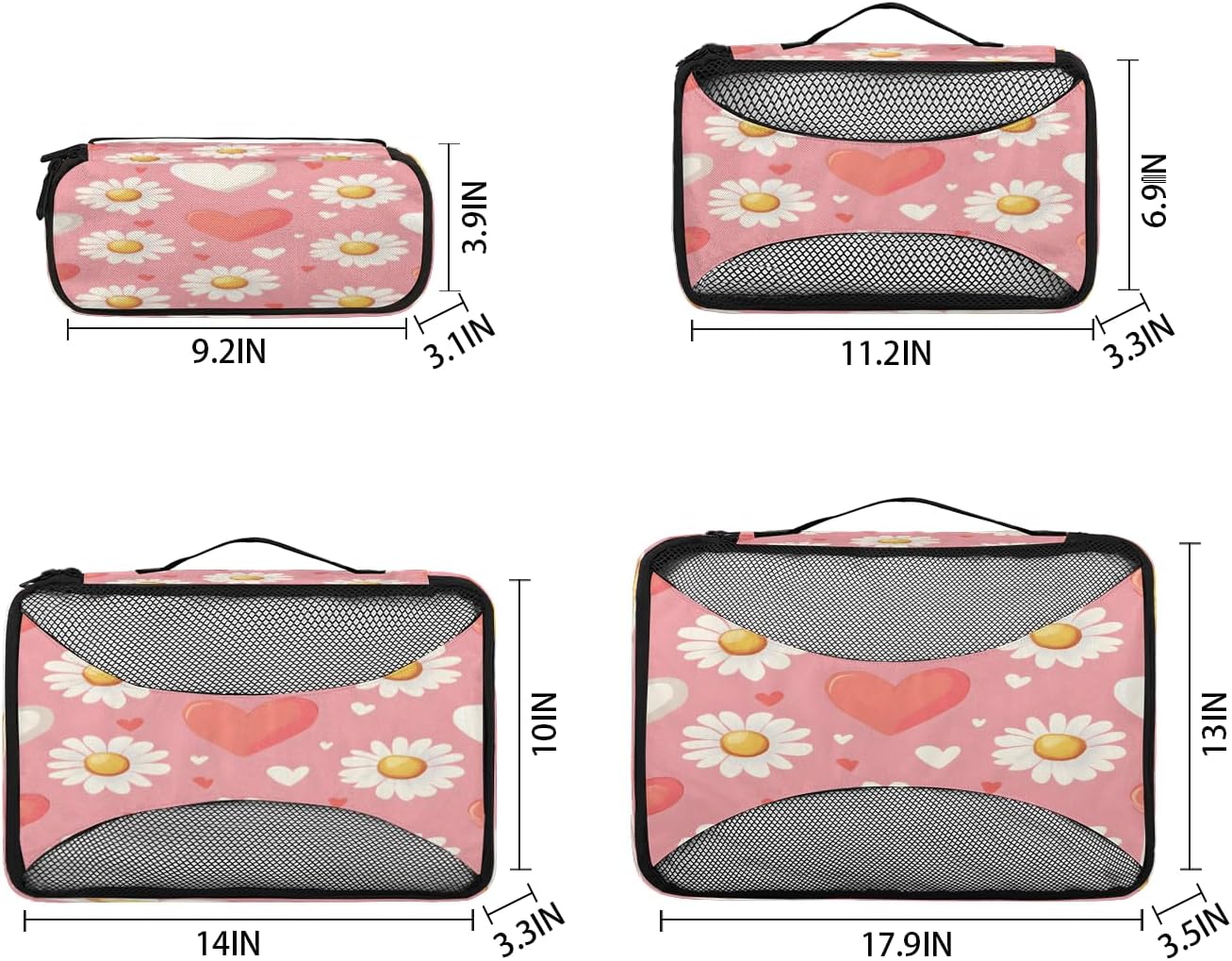 Daisy Heart Pattern 4 Set Packing Cubes Packing Cubes for Women Lightweight Travel Essential Bag Clothes Carry on Suitcase Bags for Accessories Essentials