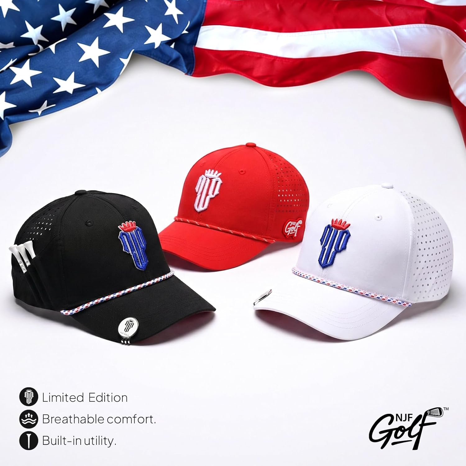NJF Golf Hat Men - Breathable Mens Golf Hats, Adjustable Rope Hook and Loop Style Cap, Convenient Cap with Tee Holder