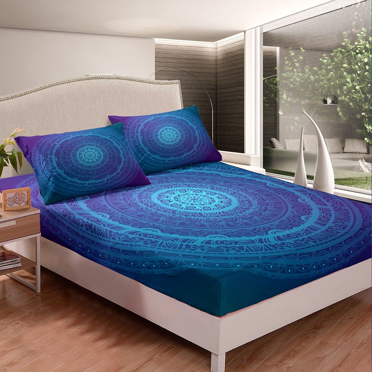Loussiesd Set di lenzuola con motivo mandala hippie, per bambini e adulti, con stampa floreale, stile bohémien, set di biancheria da letto in stile bohémien, 3 pezzi, per letto matrimoniale