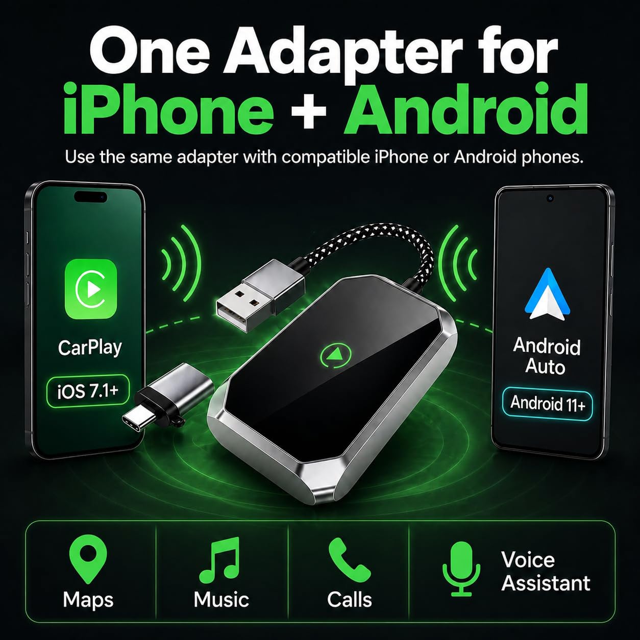 Adaptador inalámbrico 2 en 1 para CarPlay y Android Auto (actualización 2026), con cable a inalámbrico, Plug & Play para iOS 7.1+ y coches para 2015, mini USB-C/USB-A Dongle de coche