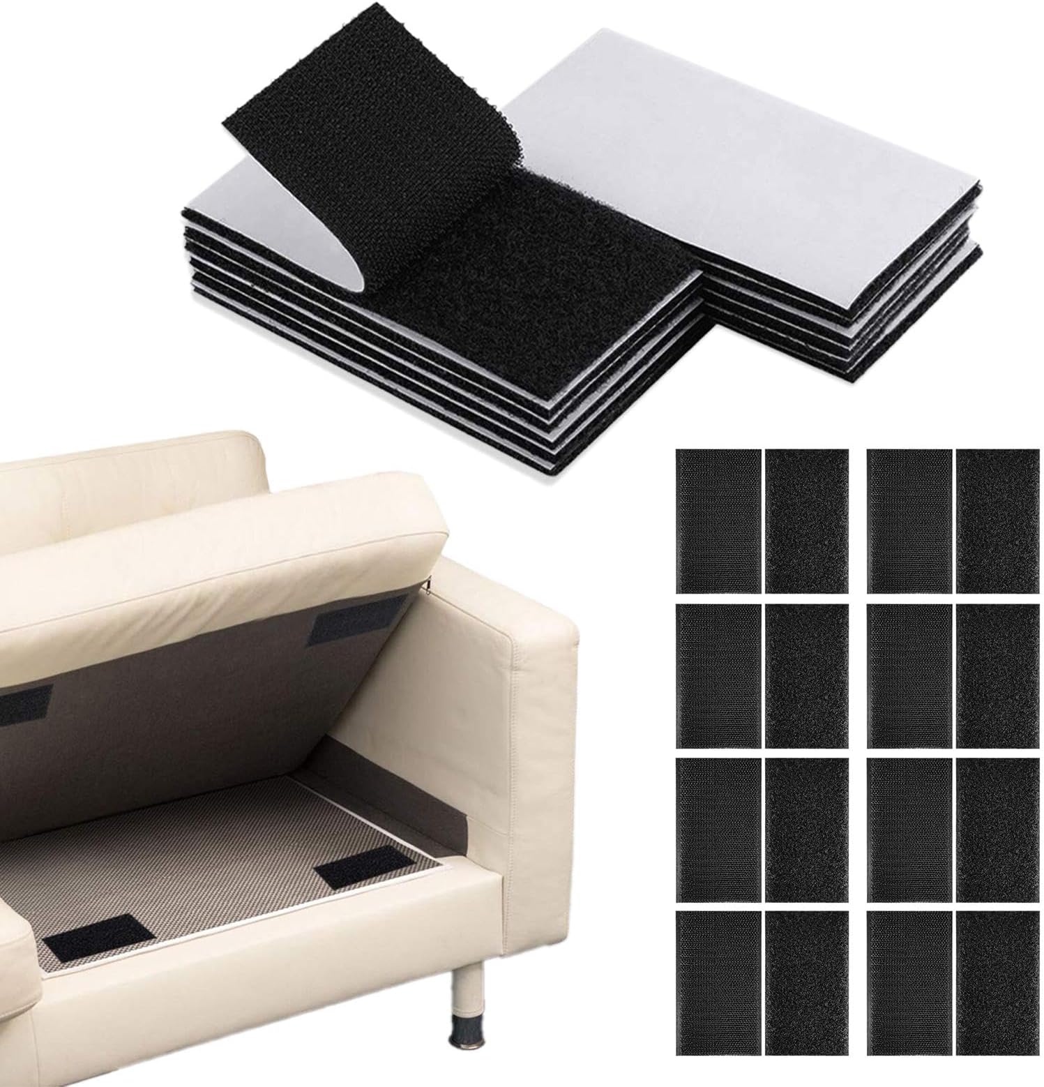FDKJOKNon Slip Cushion Pad, 20pairs Hook Loop Tape with Adhesive for Effectively Reduce Couch Cushions Sliding for Couch,Sofa and Mattress (15 x 10cm)(Black)