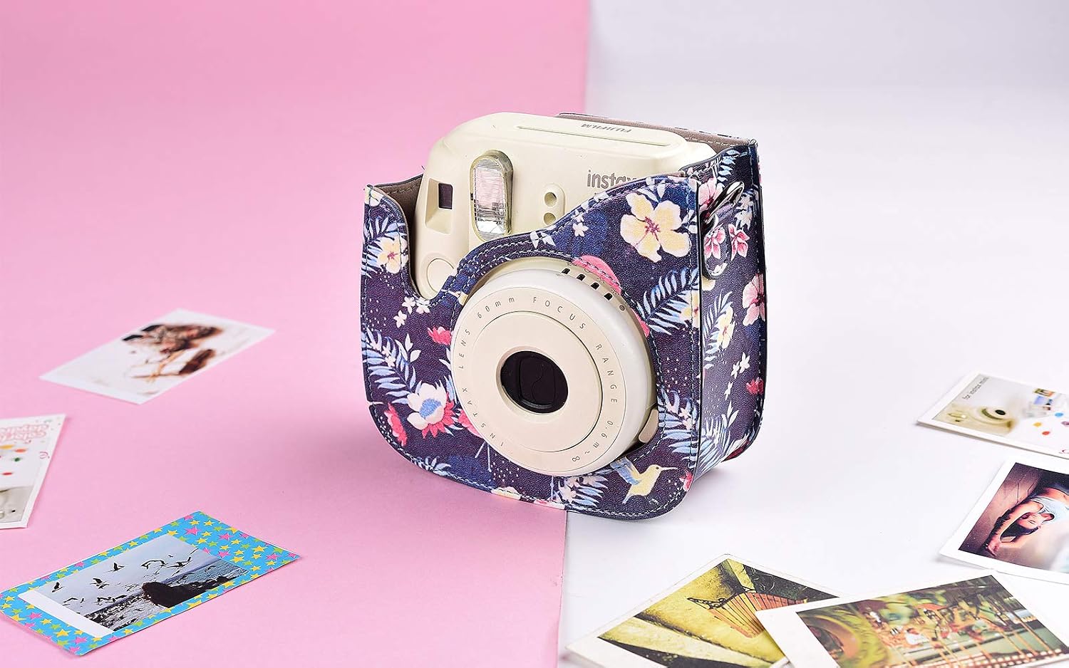 Katia Camera Case Bag Compatible for Fujifilm Instax Mini 9 / Mini 8 Instant Film Camera with Accessories Pocket and Adjustable Strap - Flamingo Black