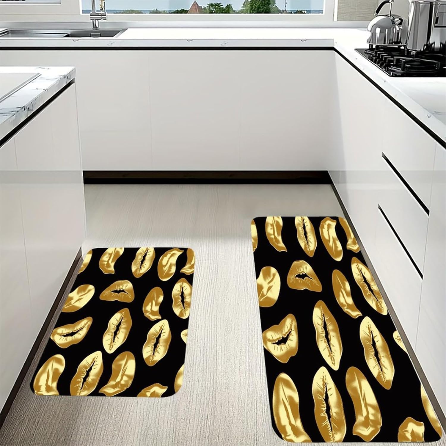 Gold Lips Kitchen Mats with 2PCS Non-Slip Washable,Kitchen Rug Heavy Duty Durable, Floor Mats for Kitchen,Office,Sink,Laundry