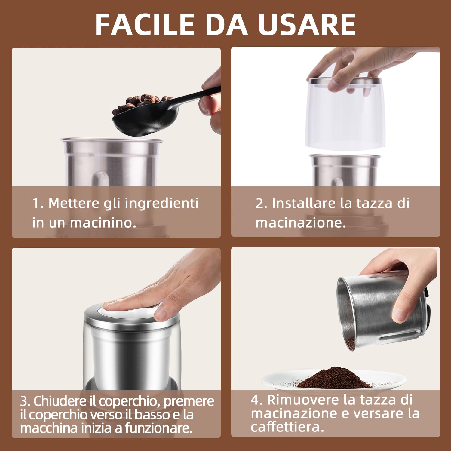 Macinino elettrico per spezie e caffè, capacità 100 g, potenza 300 Watt, contenitore in acciaio inox rimovibile, per macinare chicchi di caffè, noci, spezie, cereali ed erbe.