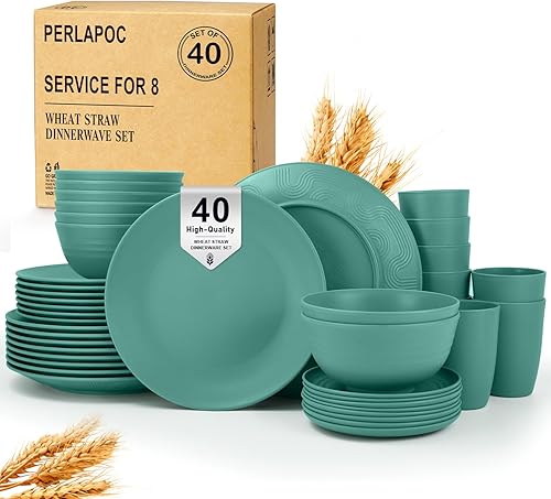 Miniatura 29 de Juego de vajilla de paja de trigo, 40 piezas, servicio para 8, juegos de platos y tazones, juego de platos irrompibles, platos llanos, platos de