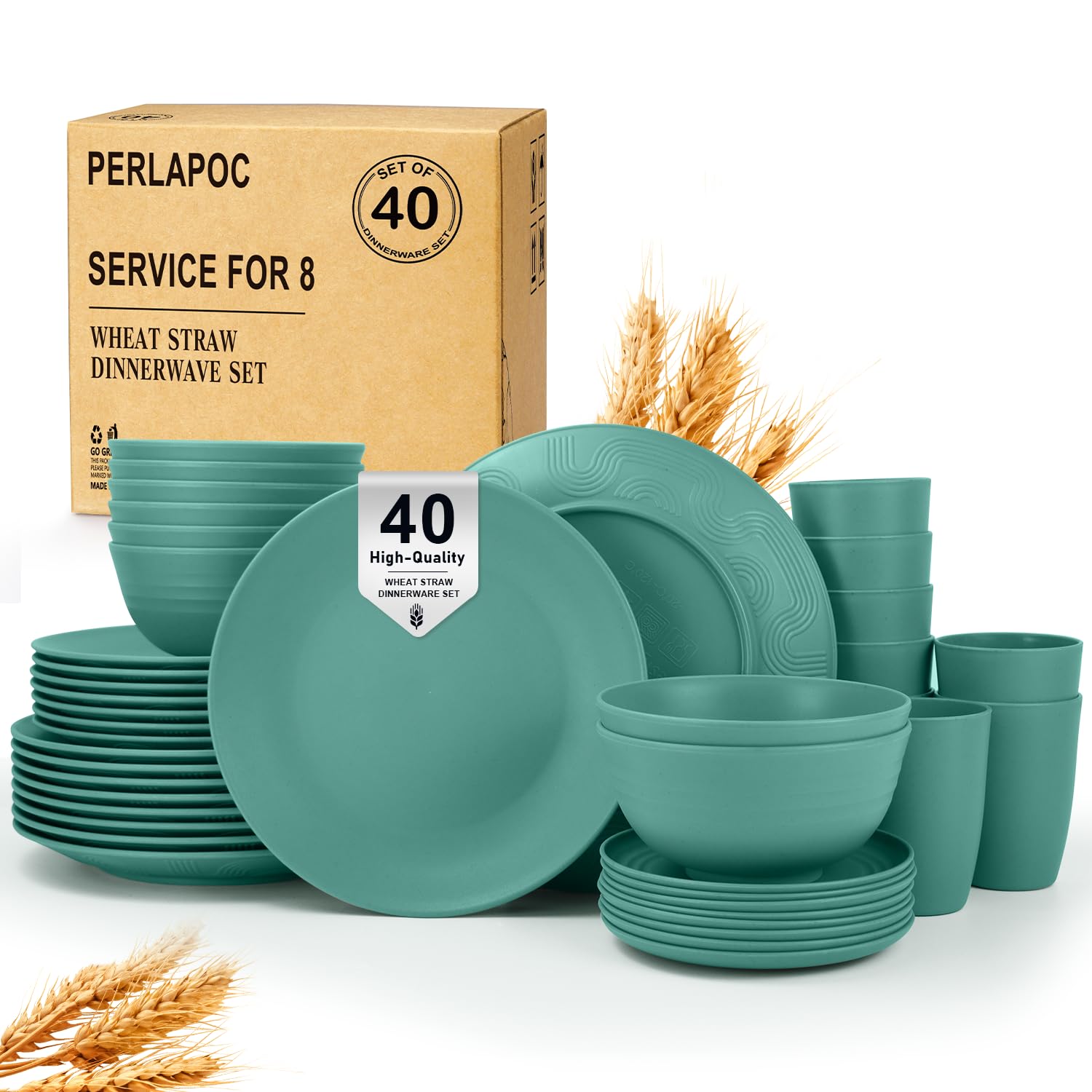 Wheat Straw Dinnerware Sets 40 PCS Unbreakable Dishes Set for Kitchen, Outdoor, Camping Dishes Plates and Bowls Sets with Cups, Dessert Plates, Dishwasher &amp; Microwave Safe - Green