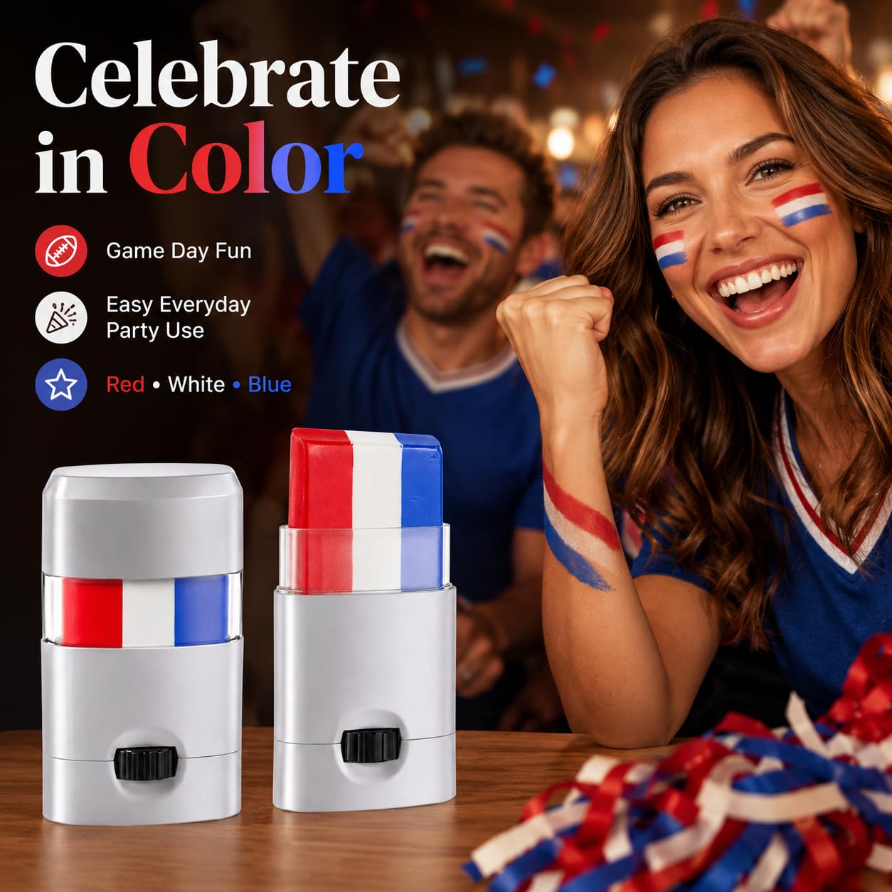 3-Color Face Paint Stick, Red White Blue Twist-Up Face and Body Paint for Sports Events,5pack Game Day Fan Makeup, Festivals, Parties, Easy to Apply and Wash Off
