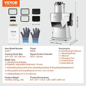 VEVOR Electric Vegetable Slicer, 4 in 1 Multifunctional Food Cutter, 200W Vegetable Chopper for Slicing Shredding Dicing and Slitting, with Cut-Resistant Gloves, for Commercial and Home Use
