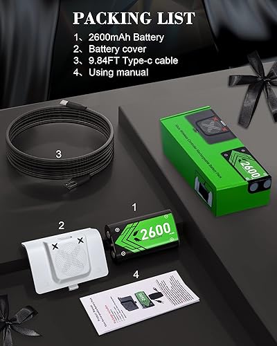 Miniatura 6 de Paquete de batería recargable para Xbox OneXbox One SXbox One XXbox One Elite, kit de juego y carga de 2600 mAh con cable de carga USB de 9.8 pies e