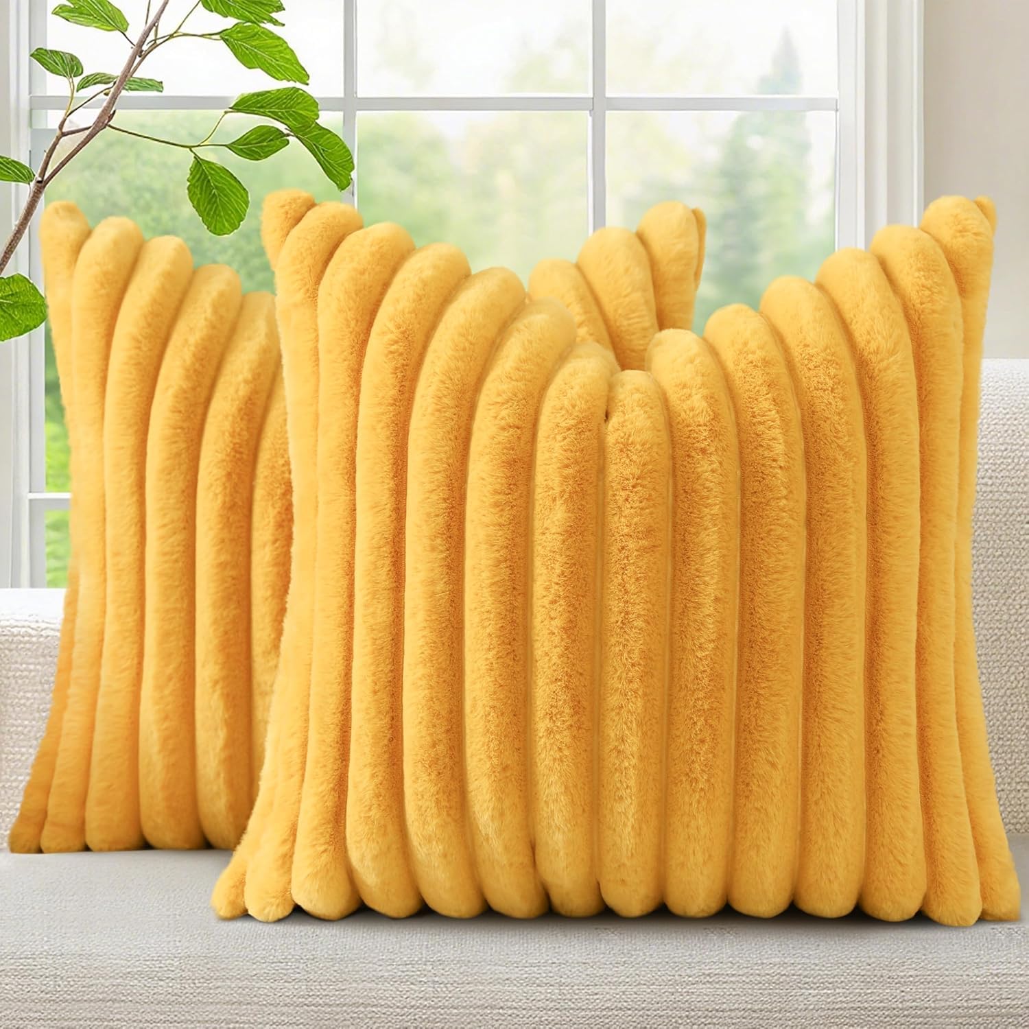decorUhome Faux Fur Cushion Covers 65x65 cm Set of 2, Decorative Soft Plush Striped Neutral Pillow case 26X26 Inch with Velvet Back for Sofa, Bed, Living Room Home Decor, Mustard Yellow