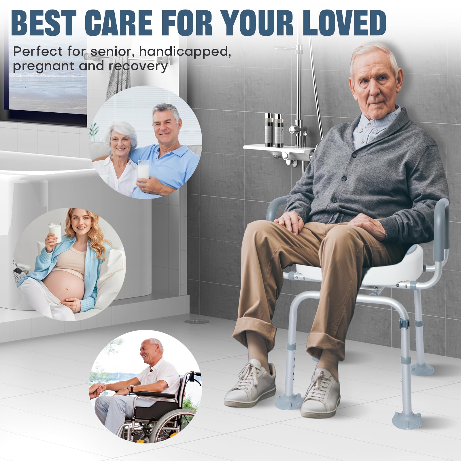 Silla de Ducha Giratoria 360°, Taburete de Ducha para Personas Mayores Altura Ajustable Asiento Ducha con Respaldo y Apoyabrazos Máx. 136kg