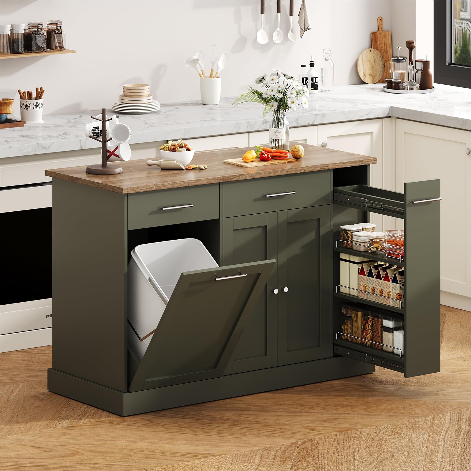 53 Inch Kitchen Island with Trash Can Storage, Rolling Island Table, Green