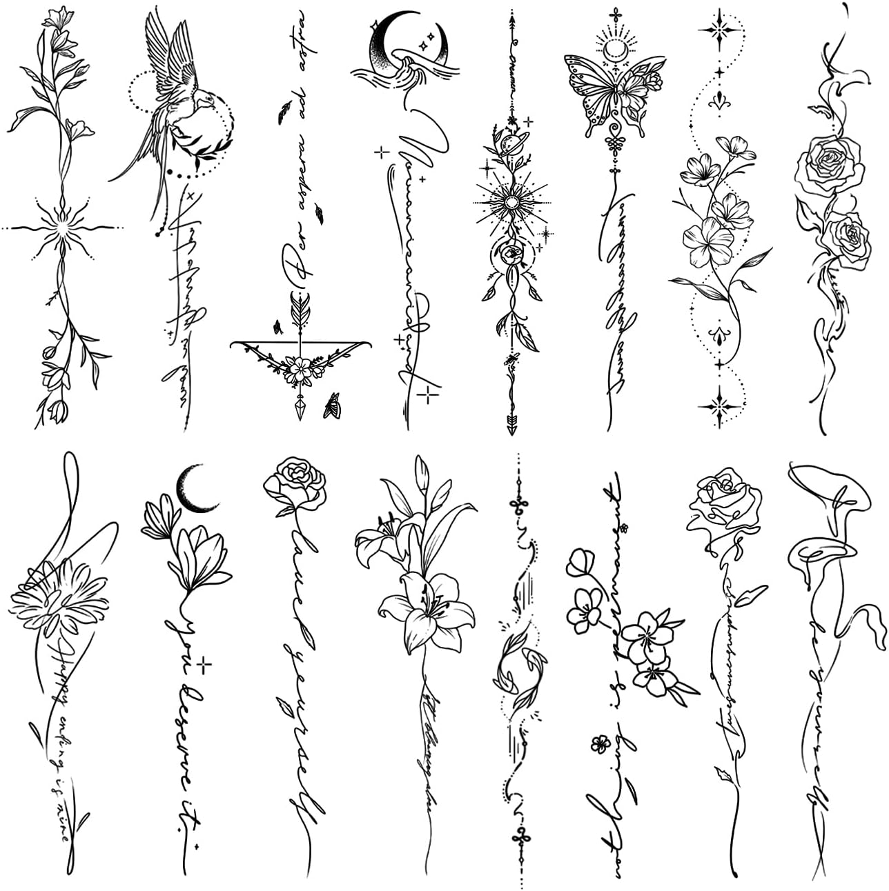 Temporary Tattoos for Women Girls - 45 Pcs Line Flower Words Sketch Realistic Long Last Fake Tattoos Waterproof Minimal Line Art Tattoos for Arm Backbone Leg Body