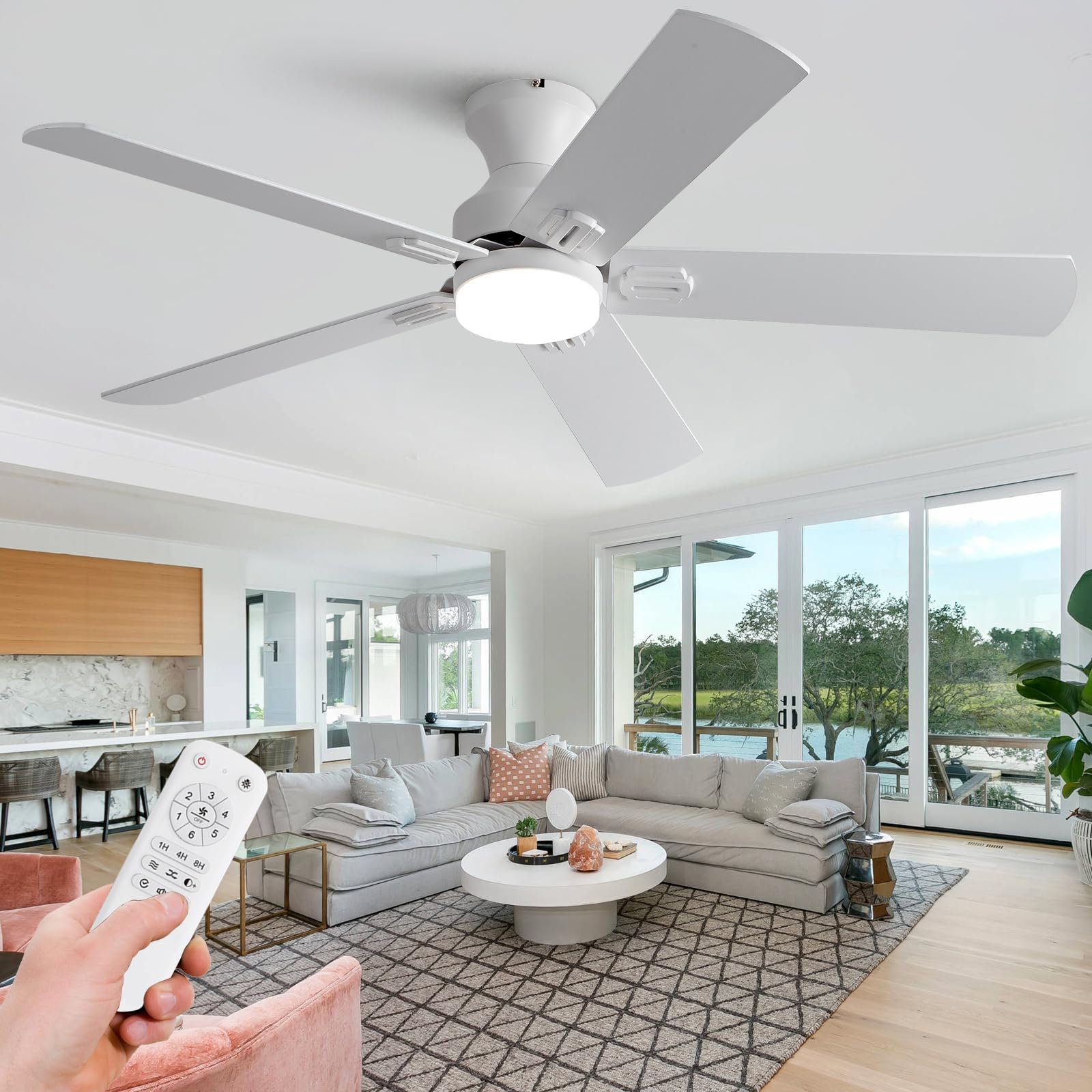 KENSID 48 Inch White Ceiling fans with lights and Remote,Low Profile Flush Mount Modern Ceiling Fan with Light, 5 blades,Dimmable LED Light,6 Speed DC