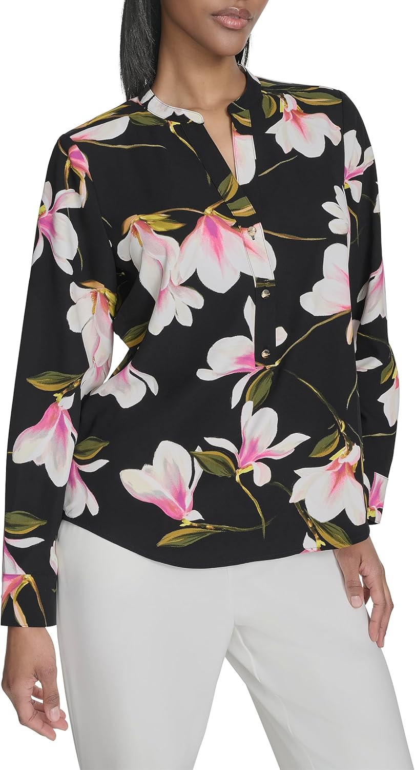 Halston Women's Long Sleeve Floral Printed Mandarin Collared Button Up Top