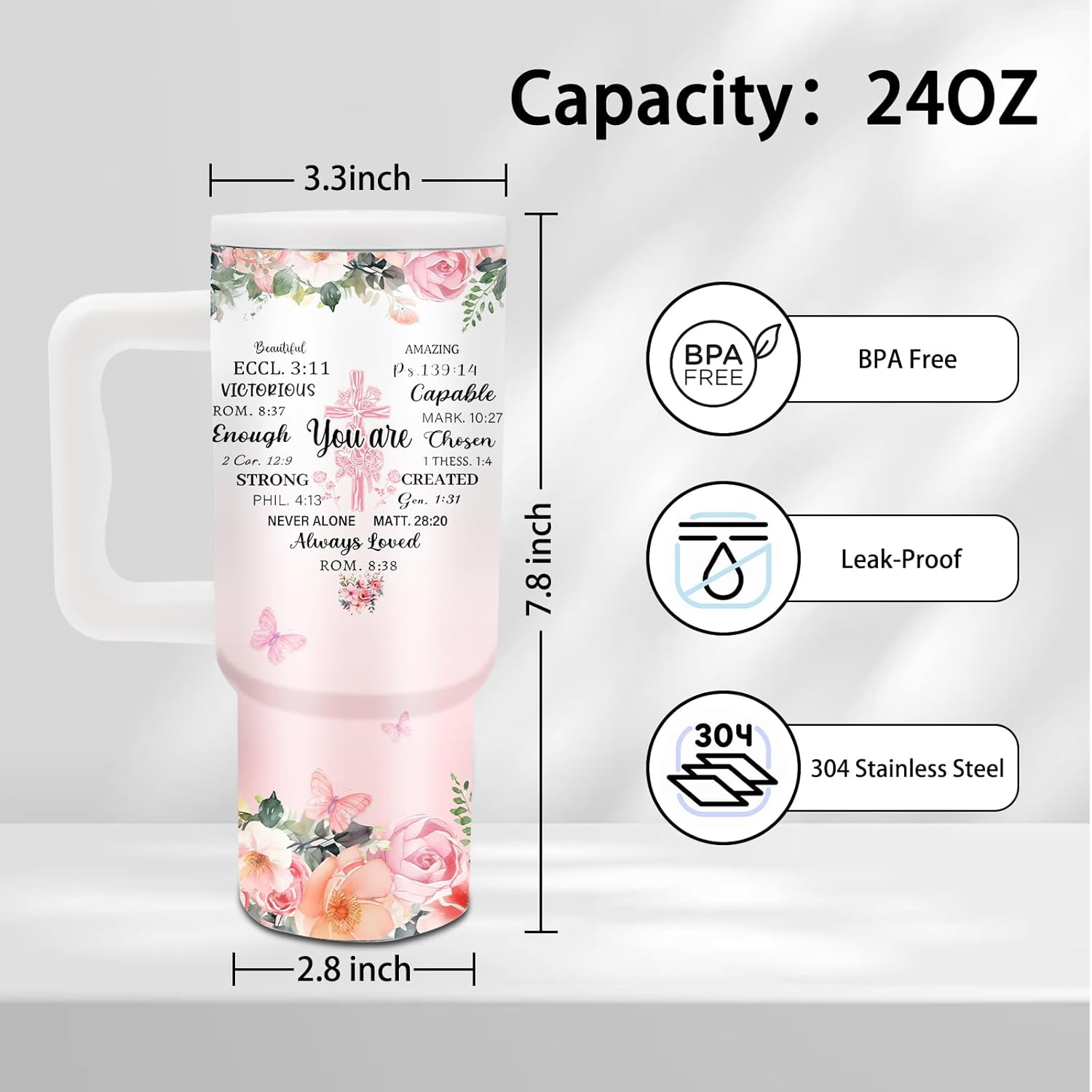 Christian Gifts for Women - 24 oz Christ Tumbler with Handle and Straw, Insulated Stainless Steel Cup, Leakproof, Spiritual Religion Biblical Church Travel Mug, Fits Car Cup Holders, Keeps Drinks Cold - Image 2