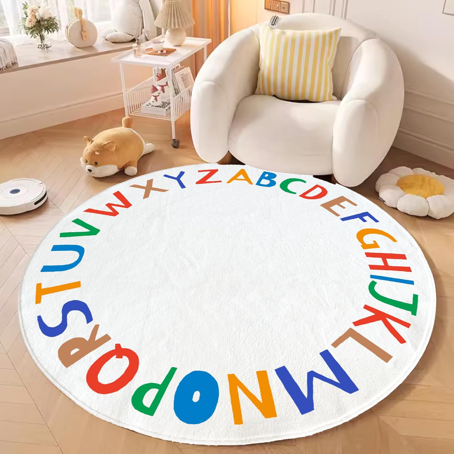 Rainbow Round ABC Kids Rug,5Ft Washable Alphabet Nursery Area Rug,Non-Slip Soft Crawling Play Mat for Children Toddlers Bedroom Reading Nook Decor (Multi Color, Round 59 inch)