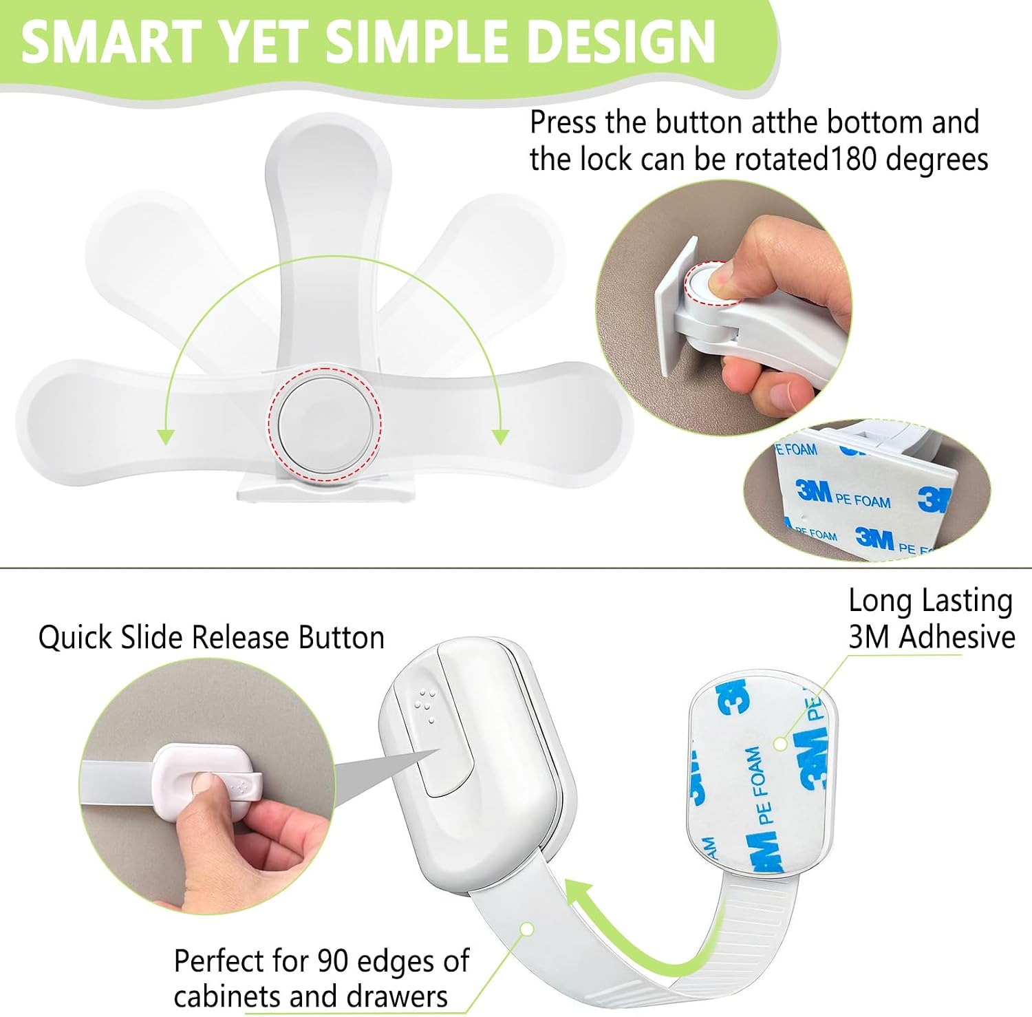 Child Proof Cabinet Locks,Cabinet Locks Baby Proofing 6 Pack—3 Rotating Handle Locks + 3 Flexible Strap Locks,No Drill Multi-Purpose Baby Safety Latches for Fridge,Drawers,Cabinets & Toilets