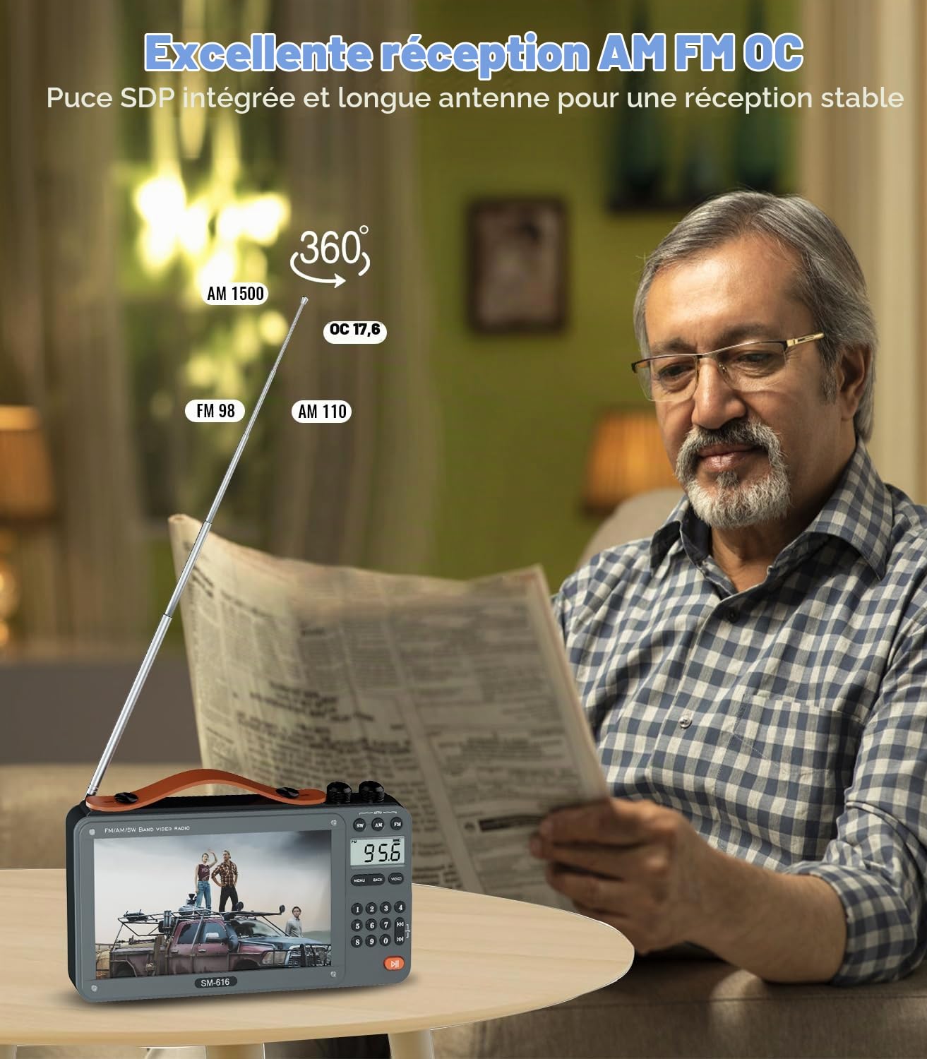 Radio vidéo FM AM 720p avec haut-parleur Bluetooth, radio numérique rechargeable à ondes courtes MP3 MP4, prise en charge USB/carte Micro SD, haut-parleur et prise casque
