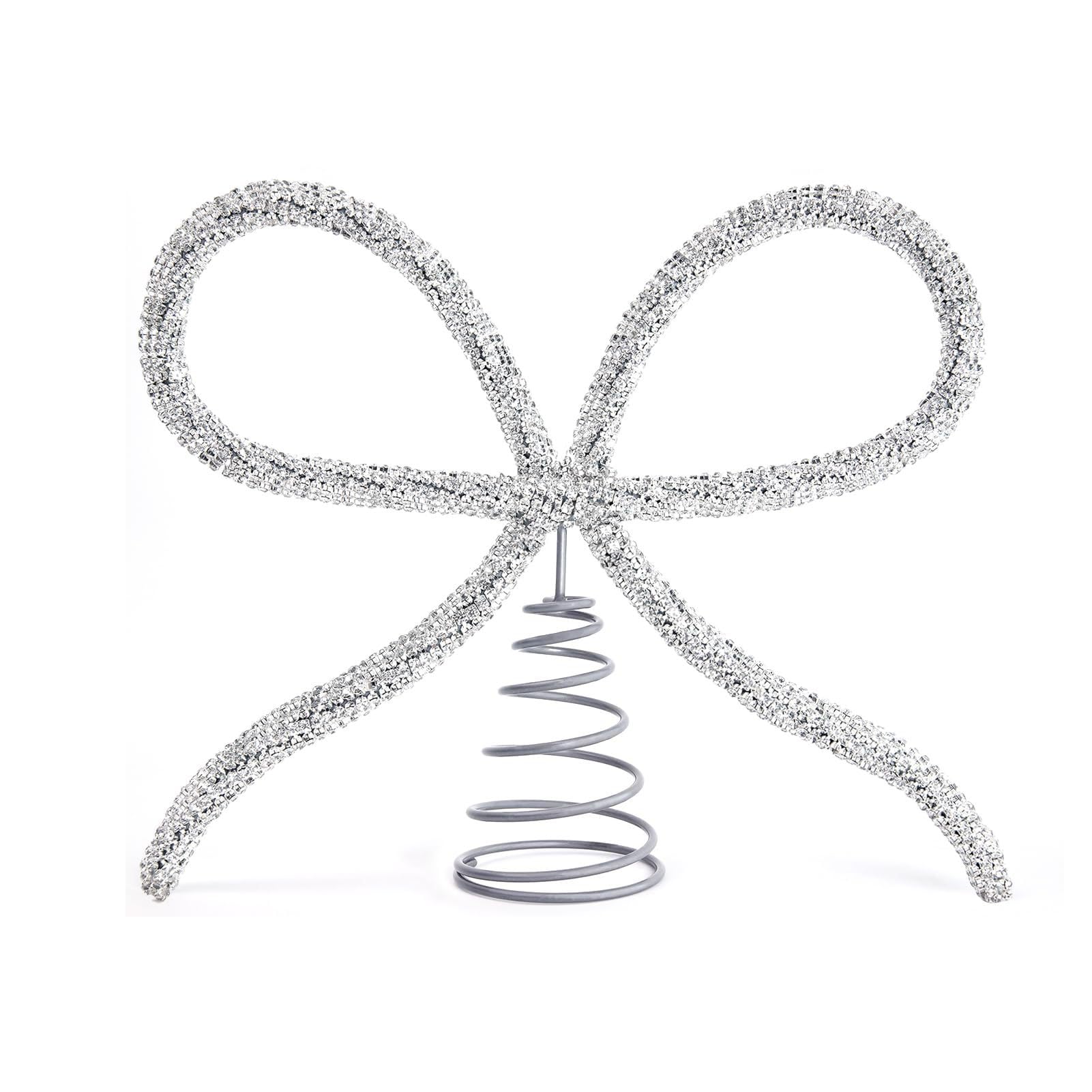 RCGOFOLLOW Gorgeous Glass Rhinestone Bow Tree Topper With Spring Base For Room Decoration Made Of Sturdy Iron Frame And Sparkling Glass Rhinestones Christmas Tree Topper, silver