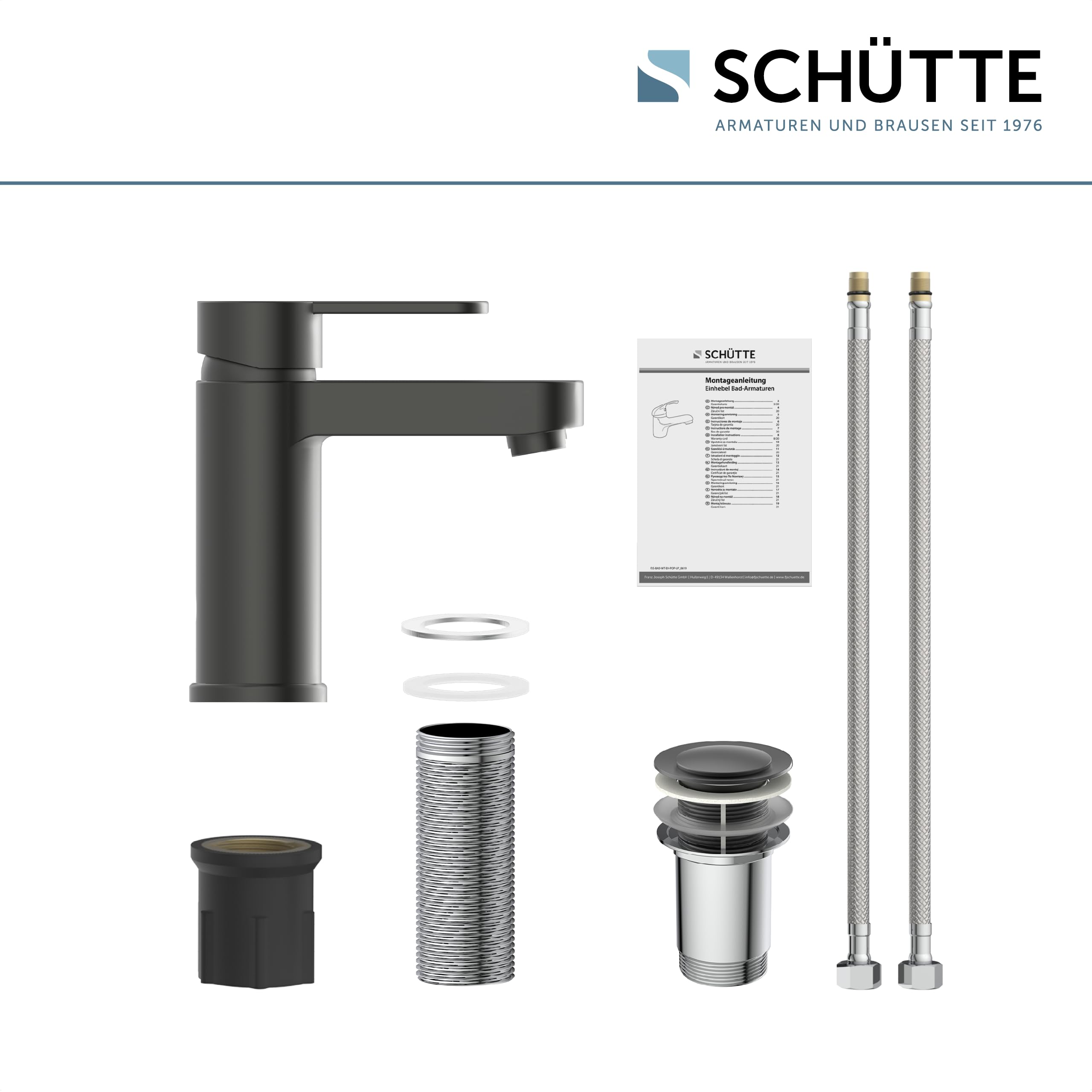 Miscelatore per lavabo Schütte Elephant, elegante miscelatore con rubinetto di scarico per bagno, rubinetto per bagno con scarico a scomparsa, rubinetto per lavabo, grafite opaca, 34212
