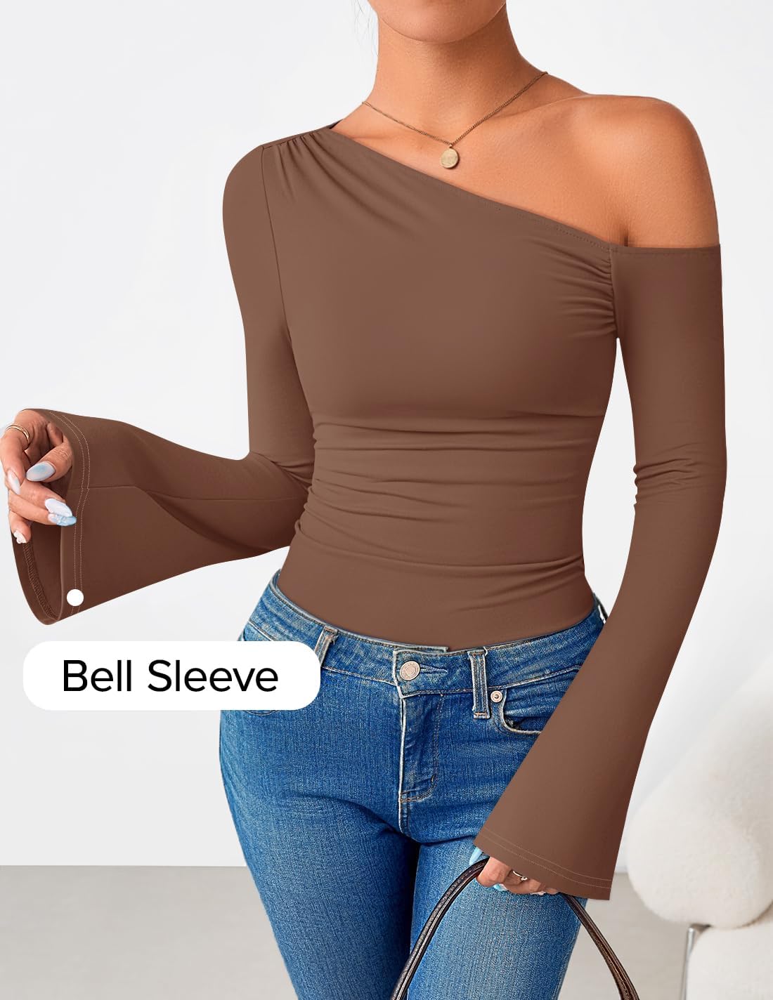 ZESICA Women's Off Shoulder Tops Bell Long Sleeve Shirts 2026 Spring Trendy Going Out Ruched Tight Fitted Y2K Clothes - Image 4
