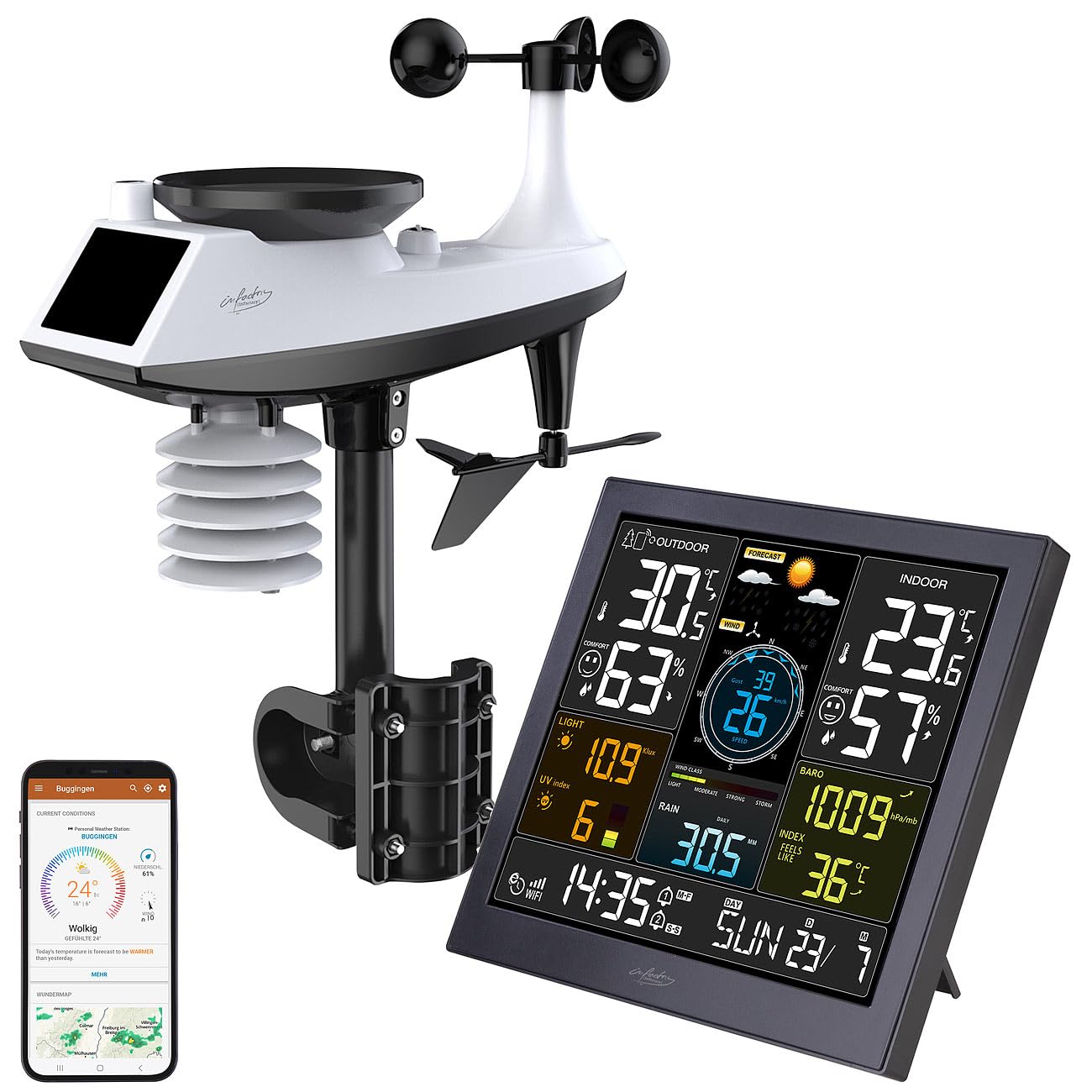 infactory Wetterstation Smart: WLAN-Funk-Wetterstation mit XL-Farbdisplay, App, Weather Underground (mit Regenmesser, Profi, fws)