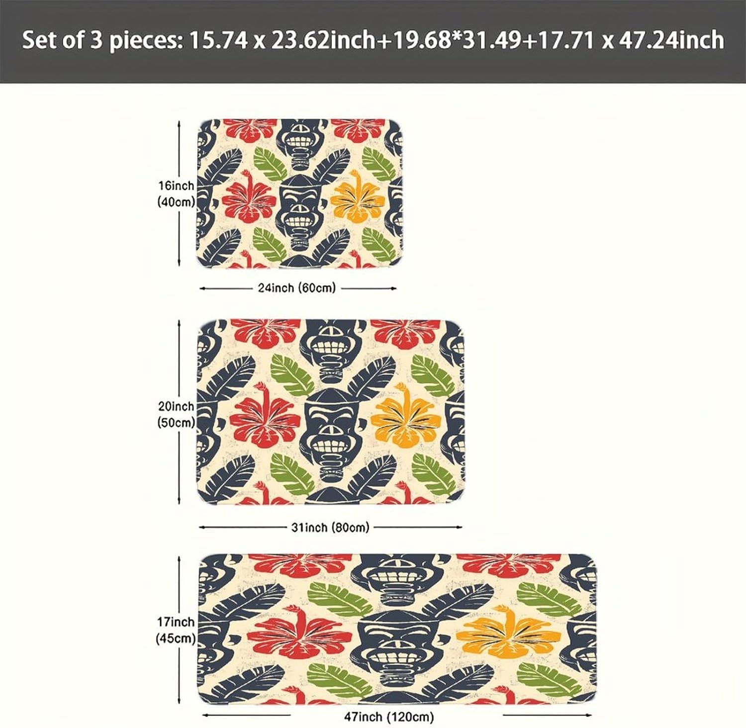 Aloha Tiki Pattern Kitchen Rugs Sets of 3 Washable Non Slip Kitchen Rug Water Resistant Carpet Piece Anti Fatigue Kitchen Mats Soft Comfort Standing Mat Modern Area Rug