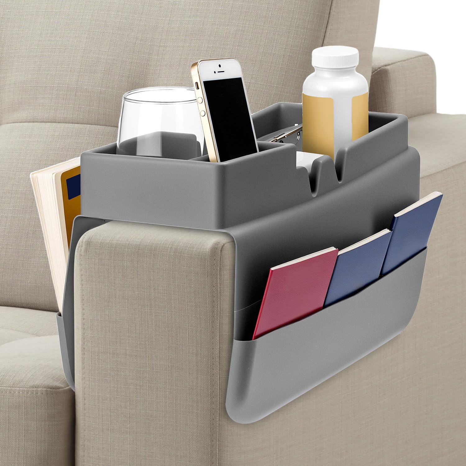 QWORK® Couch Cup Holder, Anti-Slip Silicone Sofa Arm Tray, with Dual Side Pockets, For Storing Drinks, Phones, Tablets, Remote Controls, Gray