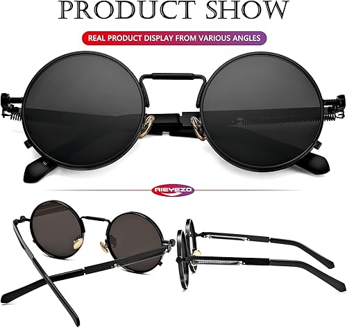 Vista 5 de AIEYEZO Gafas de sol redondas Steampunk Circle Lennon Gafas de sol góticas marco de metal 100% lente de bloqueo UV
