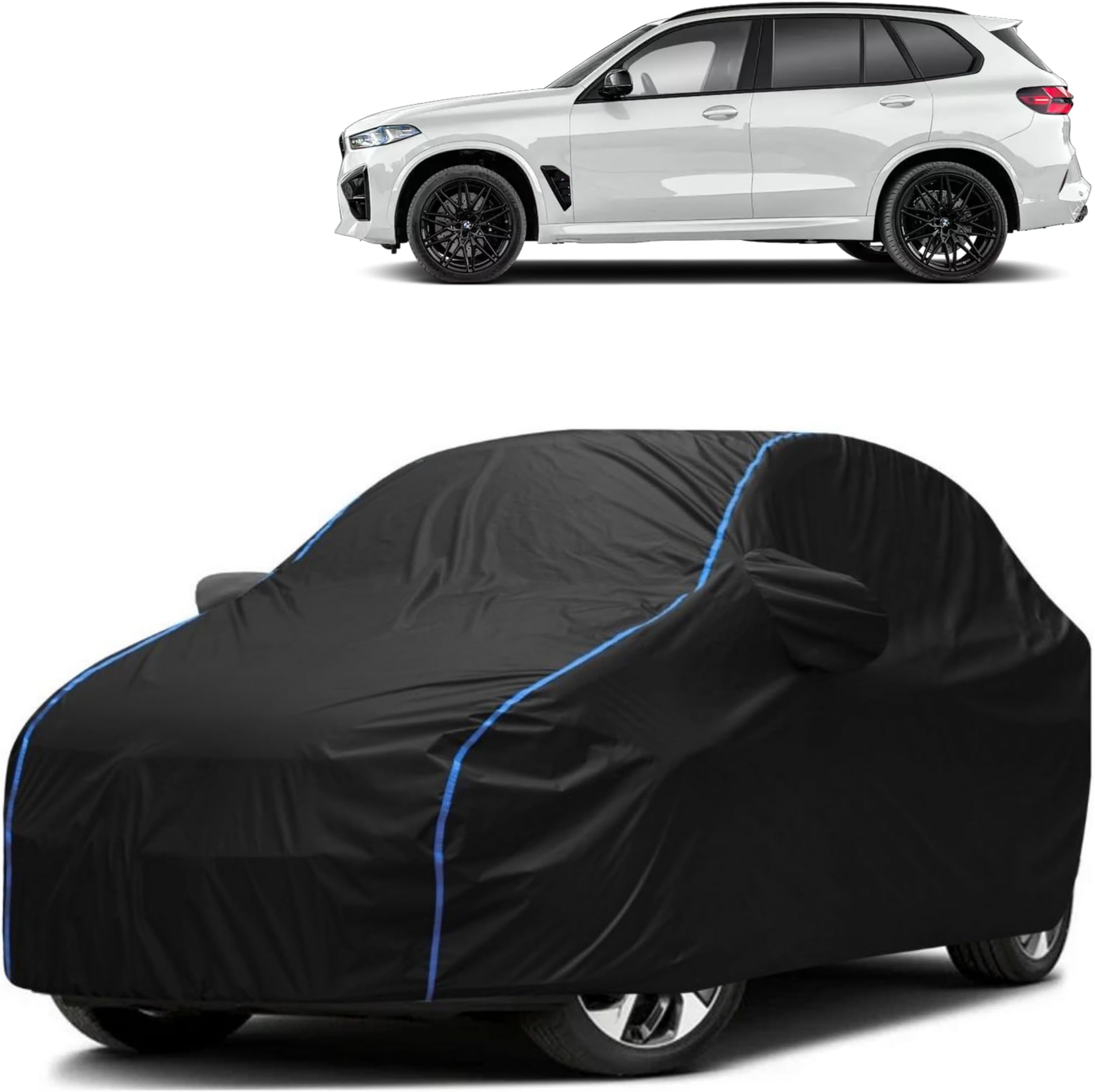 FAVY All Weather Resistant Car Body Cover Compatible with BMW X5M Scratch Proof, Anti-Dust, UV Protection with Windproof Buckle Strap and Mirror Pockets, Bottom Elastic Fitted-Black