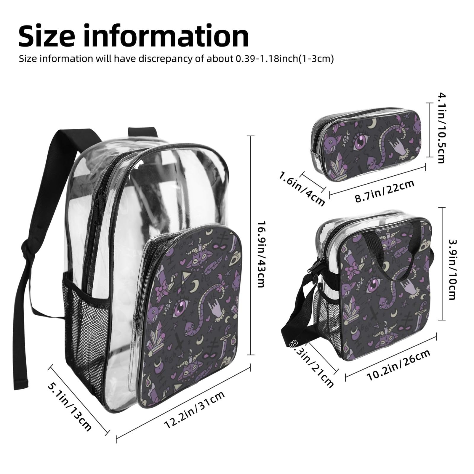 Fioletowy czarny gotycki upiorny nadruk unisex przezroczysty plecak zestaw 3-częściowy przezroczysty lunch piórnik podróżny na zewnątrz
