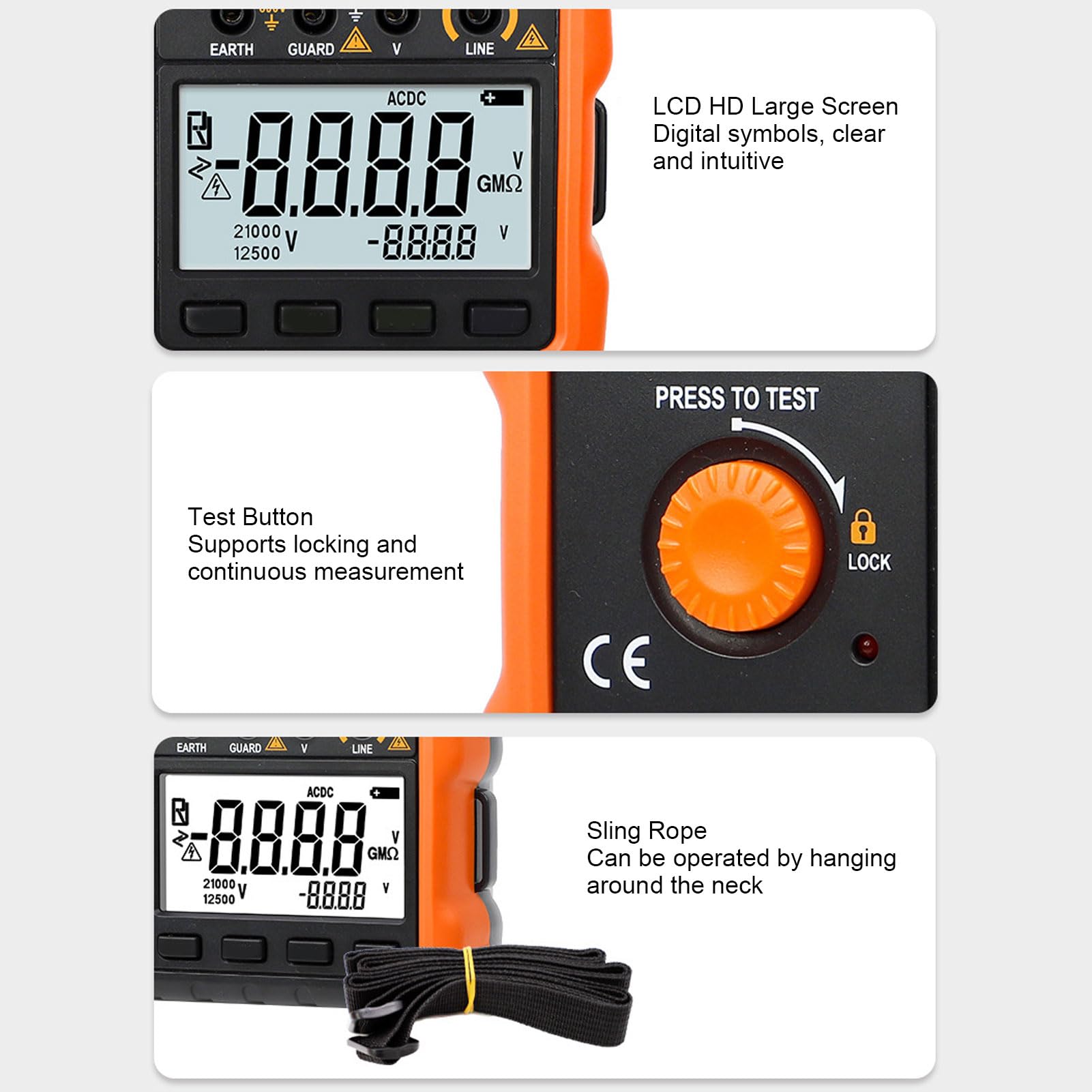 Hyuduo Probador de Aislamiento Probador de Resistencia de Aislamiento Digital con Pantalla LCD Retroiluminada Rango de 49,9 GΩ 500 V 1000 V 2500 para Electricistas Mantenimiento HVAC Pruebas