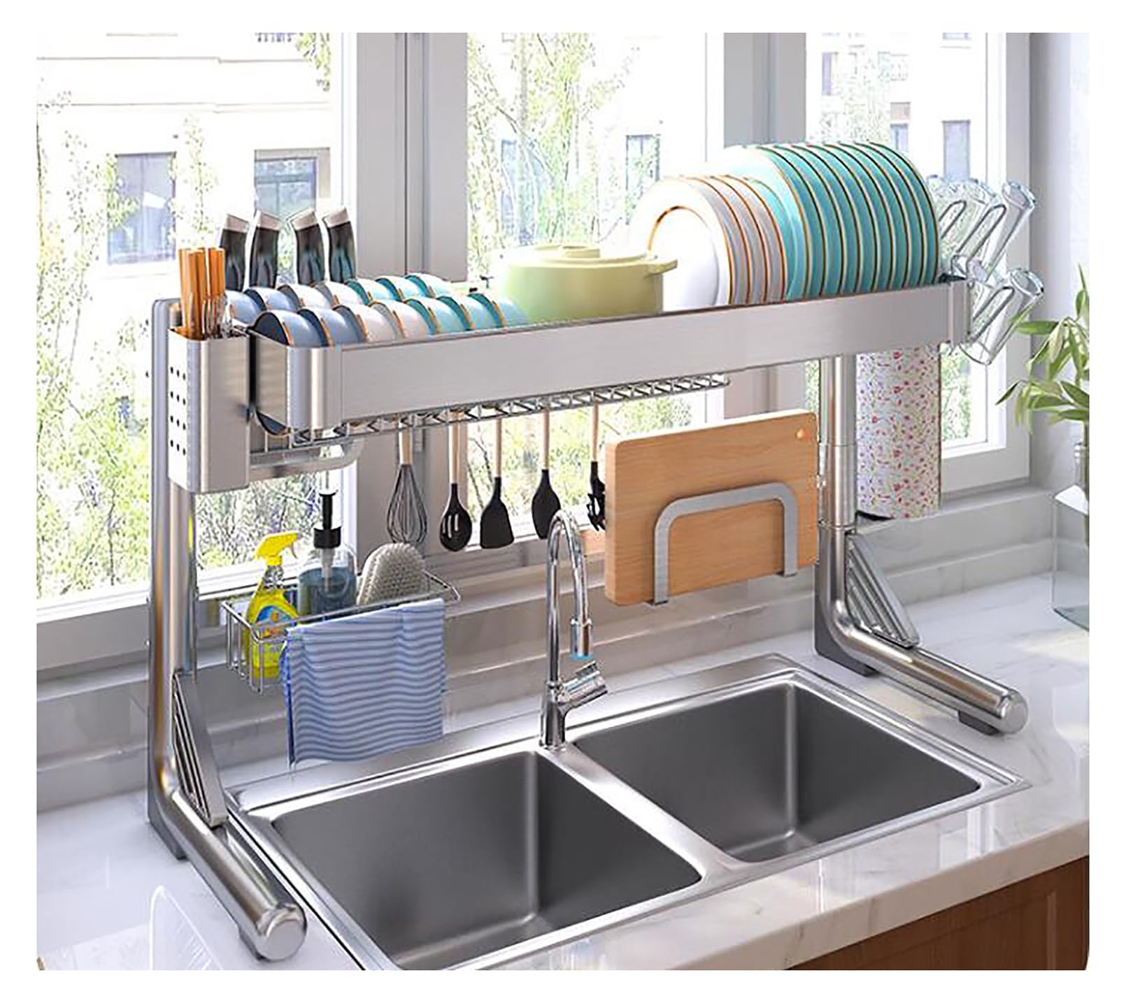 Escurridor de platos de cocina sobre el fregadero, organizador de cocina de acero inoxidable con soporte para utensilios, soporte para toallas de papel, soporte para tazas, soporte para cuchillos