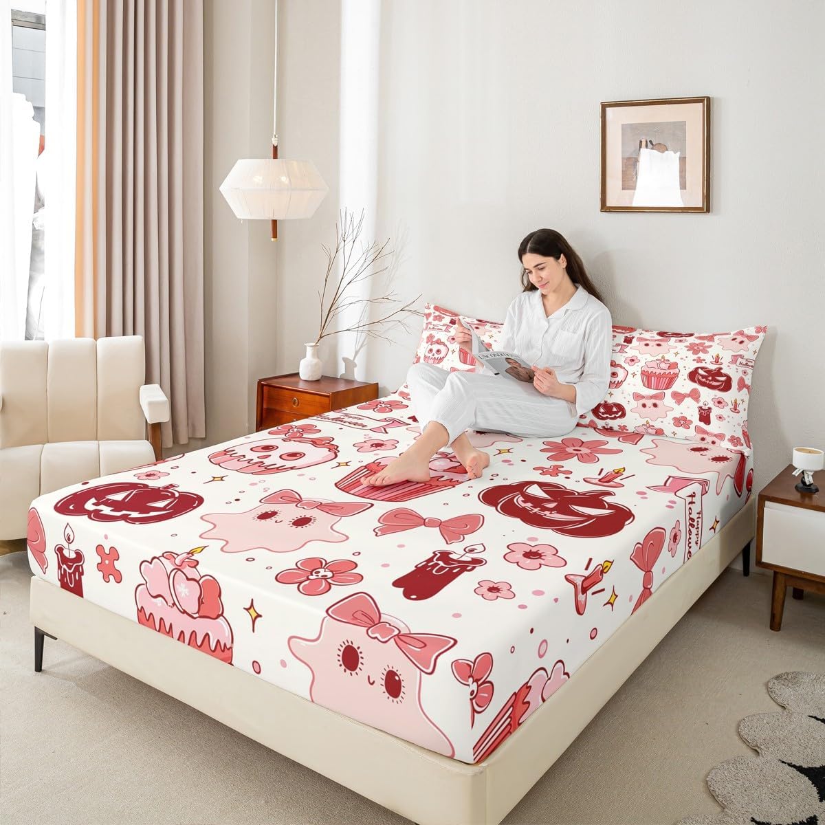 Feelyou Happy Halloween Bed Sheets Set Full Size Cartoon Ghost Pink Deep Pocket Fitted Sheet Cake Bow Cute Bedding Sets Pink Soft Bedding 3Pcs with 2 Pillow Cases, NO TOP Sheet