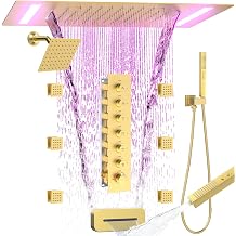 Enga 14"x20" LED Ceiling Shower System with Tub Spout, Rainfall Waterfall Shower Head with 6 Inch Head, 6 Body Jets, 2-in-1 Handheld, Thermostatic Shower Faucet Set, Simultaneous Use, Brushed Gold
